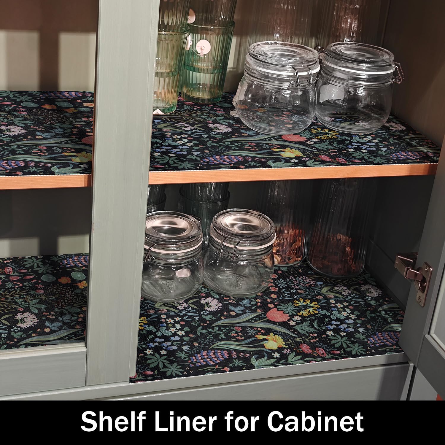 Black Floral Shelf Drawer Liners Non
