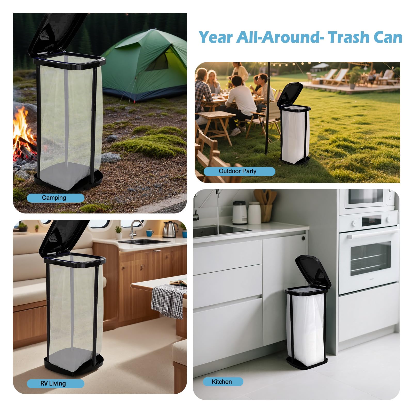 Collapsible Trash Bag Holder Portable Garbage Bin Holder Stand for Kitchen Outside High Capacity Plastic Outdoor Trash Can with Lid for Parties and Camping