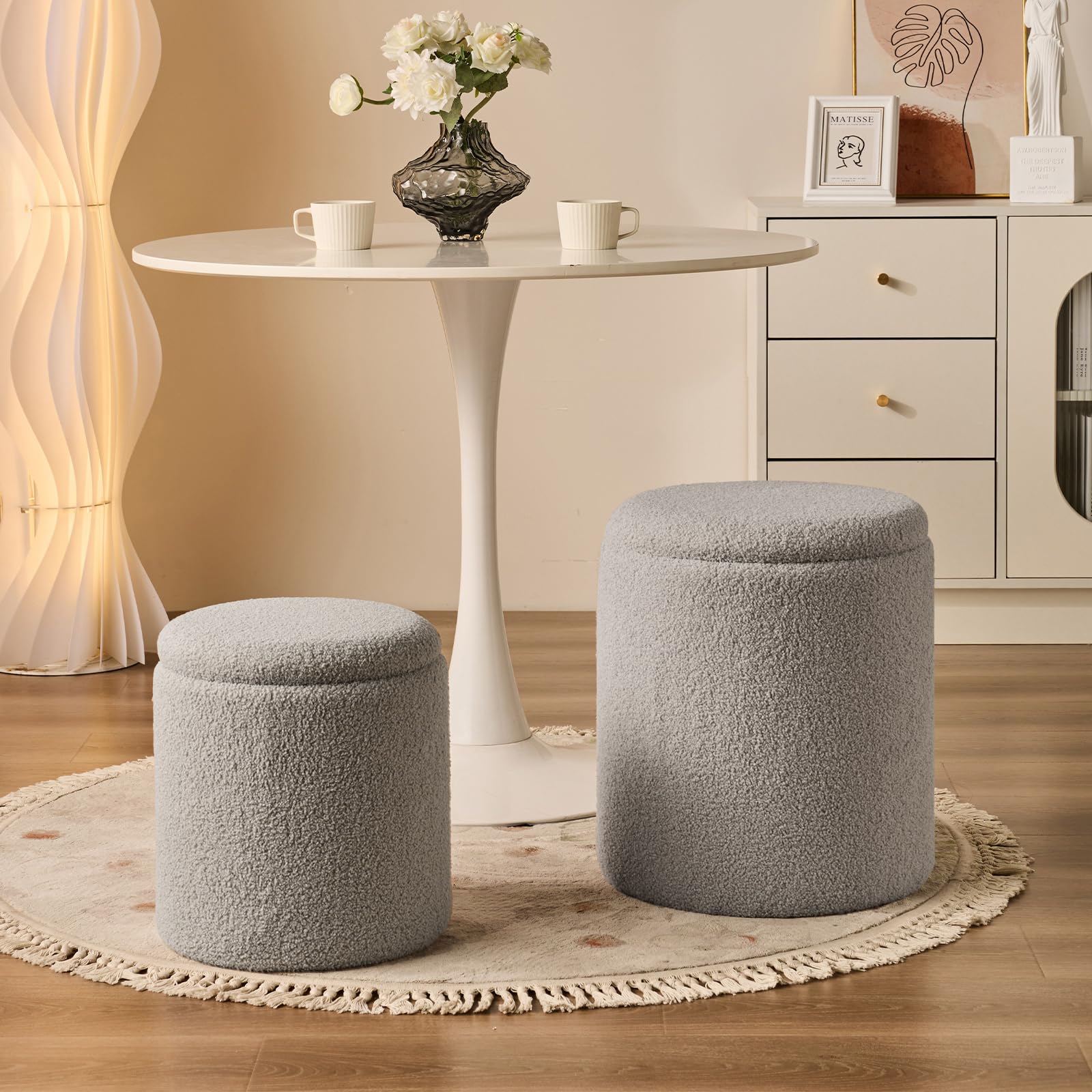 Round Ottoman with Storage Set of 2 Gray Sherpa Vanity Stool (2 Count)
