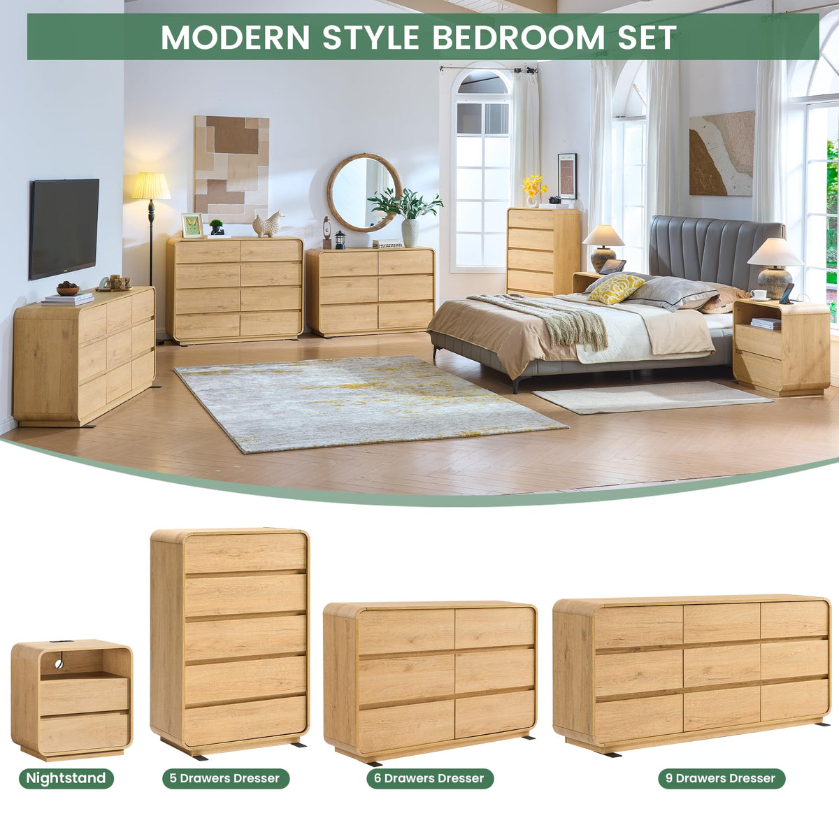 Natural Dresser for Bedroom with 9 Drawers