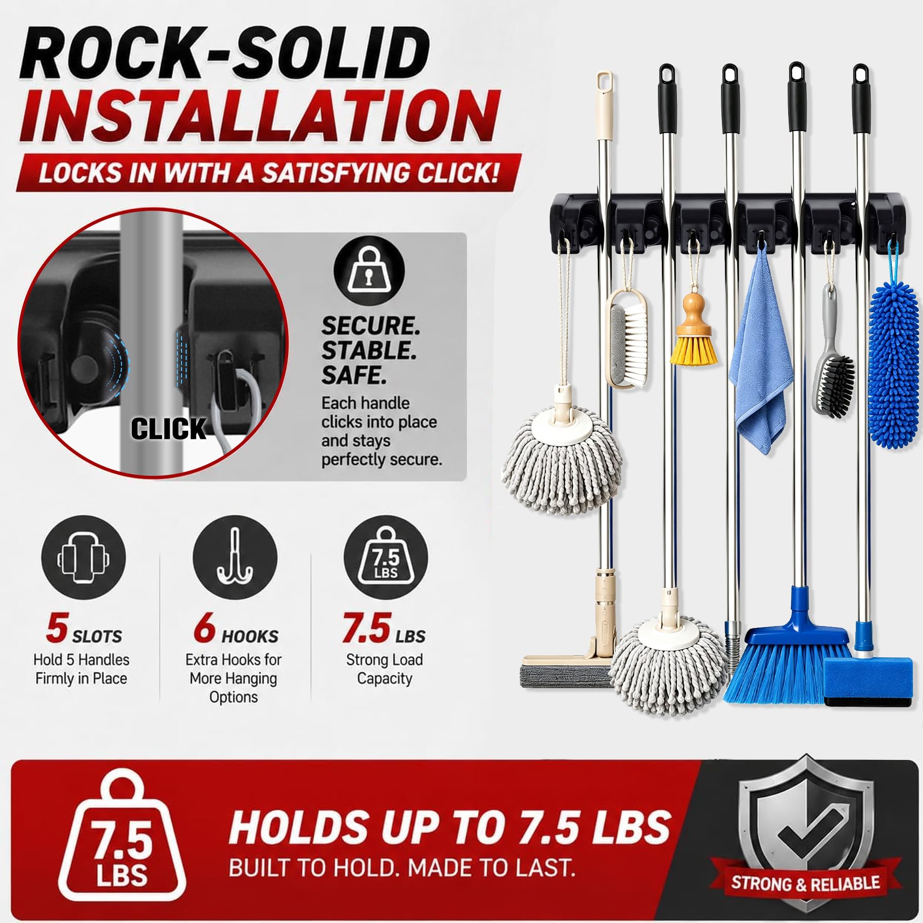 Broom Hanger Wall Mount Broom and Mop Organizer Wall Hanging Garden Tool Organizers Rack Garage Laundry Room Organizations and Storage with Hooks Heavy Duty