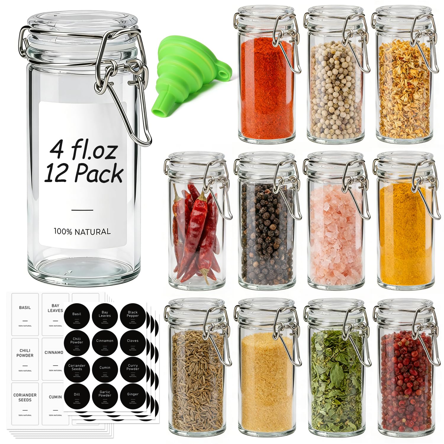 Small Glass Spice Jars with Airtight Lids 4 oz 12 Pack with Labels (12 Count)