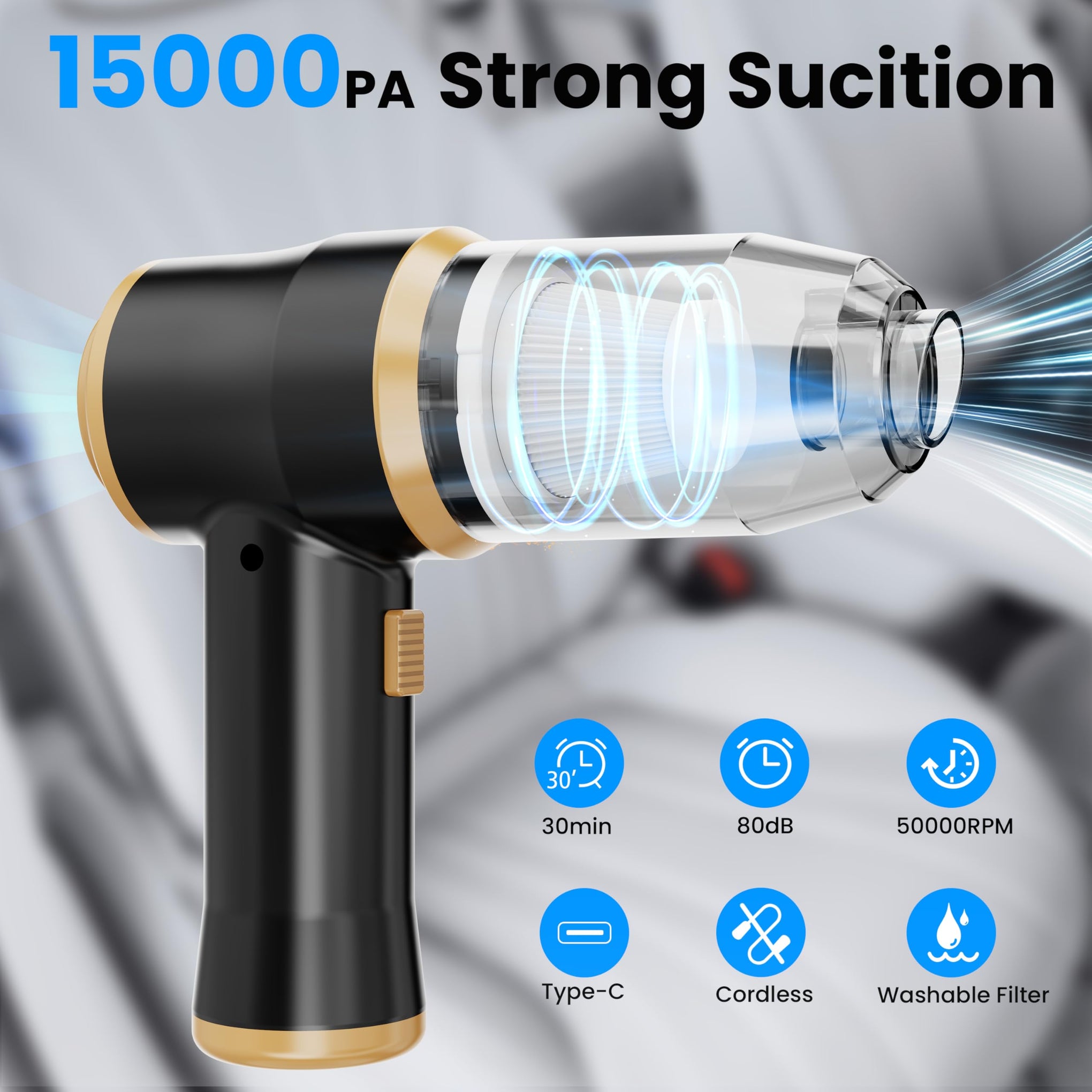 Mini Car Vacuum 15000Pa Portable Cordless Handheld Vacuum Cleaner and Air Duster with 2 Filter for Car