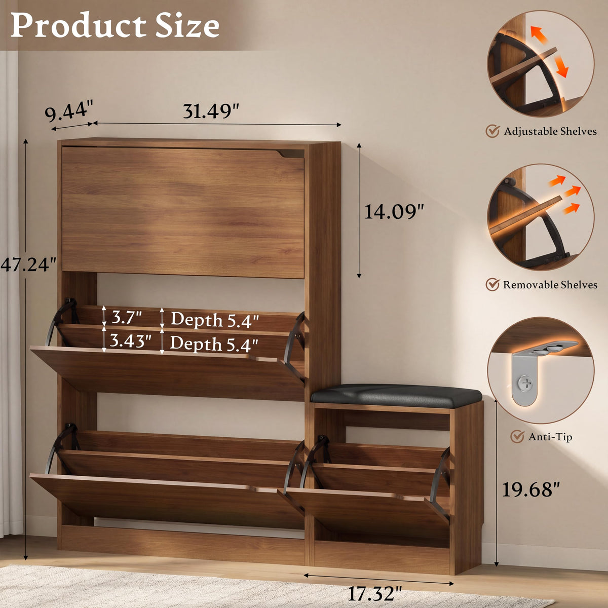 Shoe Cabinet with Bench and 3 Flip Drawers