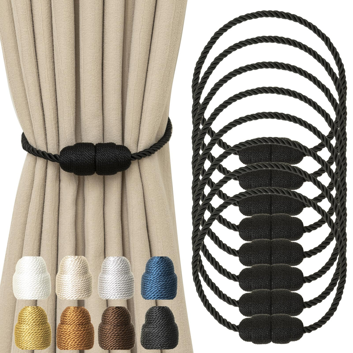 Magnetic Curtain Tiebacks Rope Curtain Tie Backs for Curtains 8 Pack Curtain Holders for Drapes Decorative Window Curtain Holdbacks