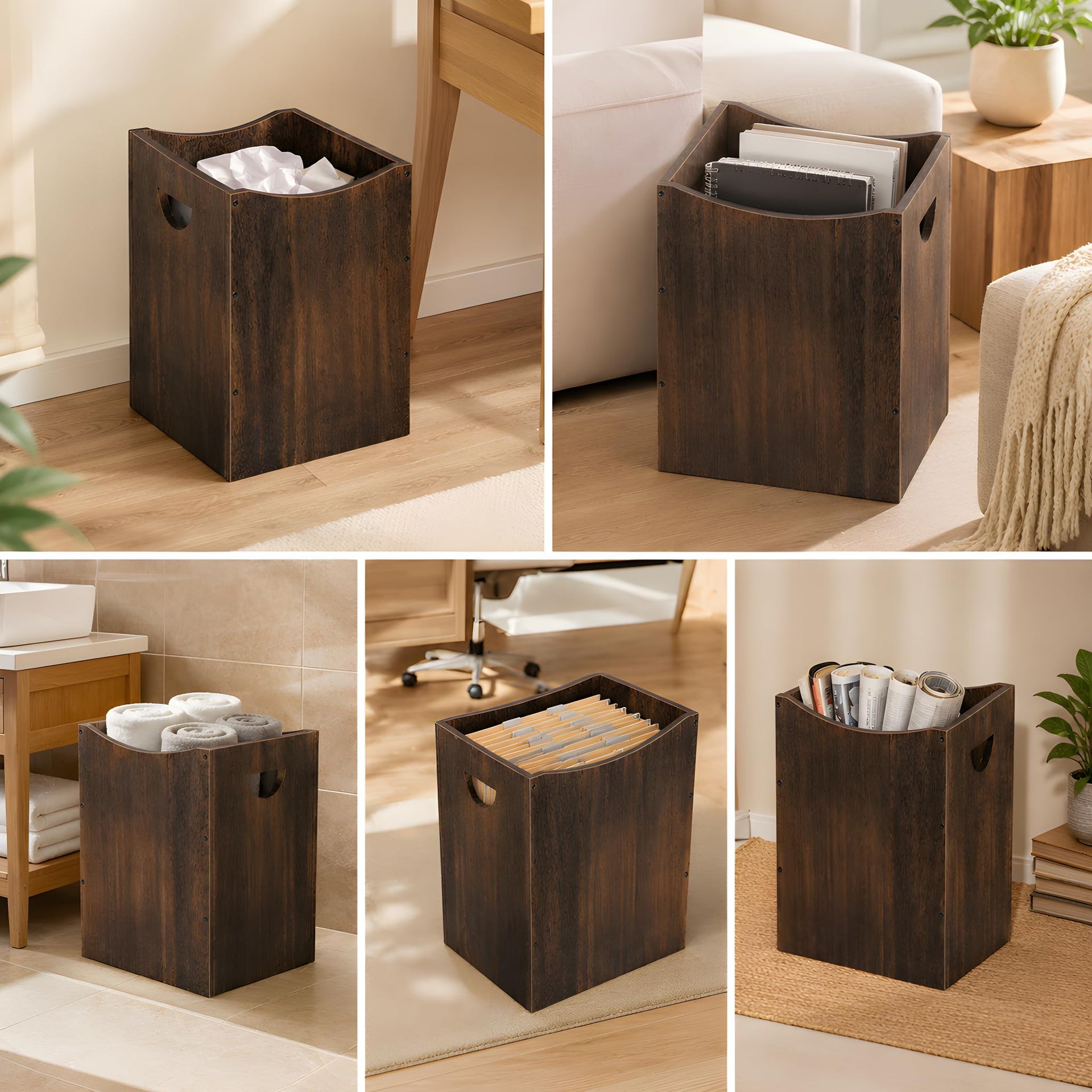 Wood Trash Can 5.3 Gallon Office Wastebasket Farmhouse Rectangular Garbage Can with Built