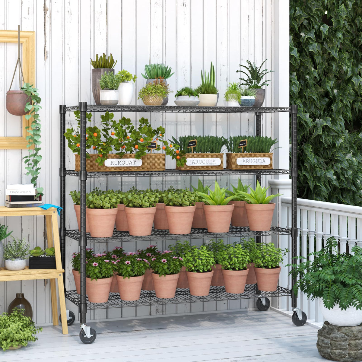 72" H Storage Shelves 4 Tier Metal Shelving Adjustable Wire Shelf with Wheels