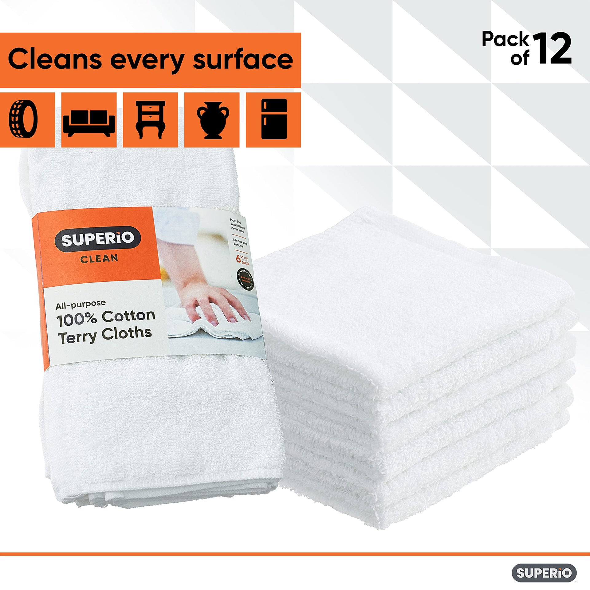 White Washcloths 12 Pack Terry Cloth Rags 100% Cotton 12" Cleaning Cloths (12 Count)