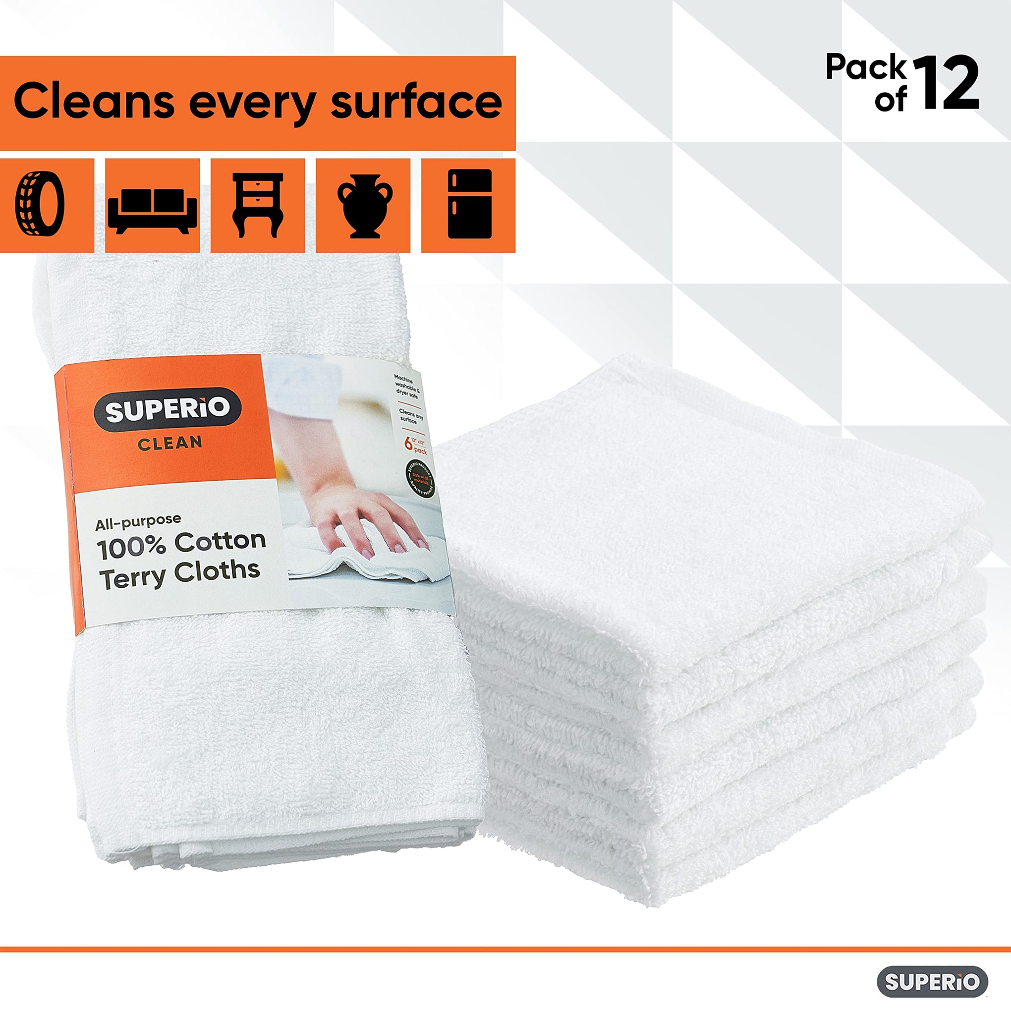 White Washcloths 12 Pack Terry Cloth Rags 100% Cotton 12" Cleaning Cloths (12 Count)