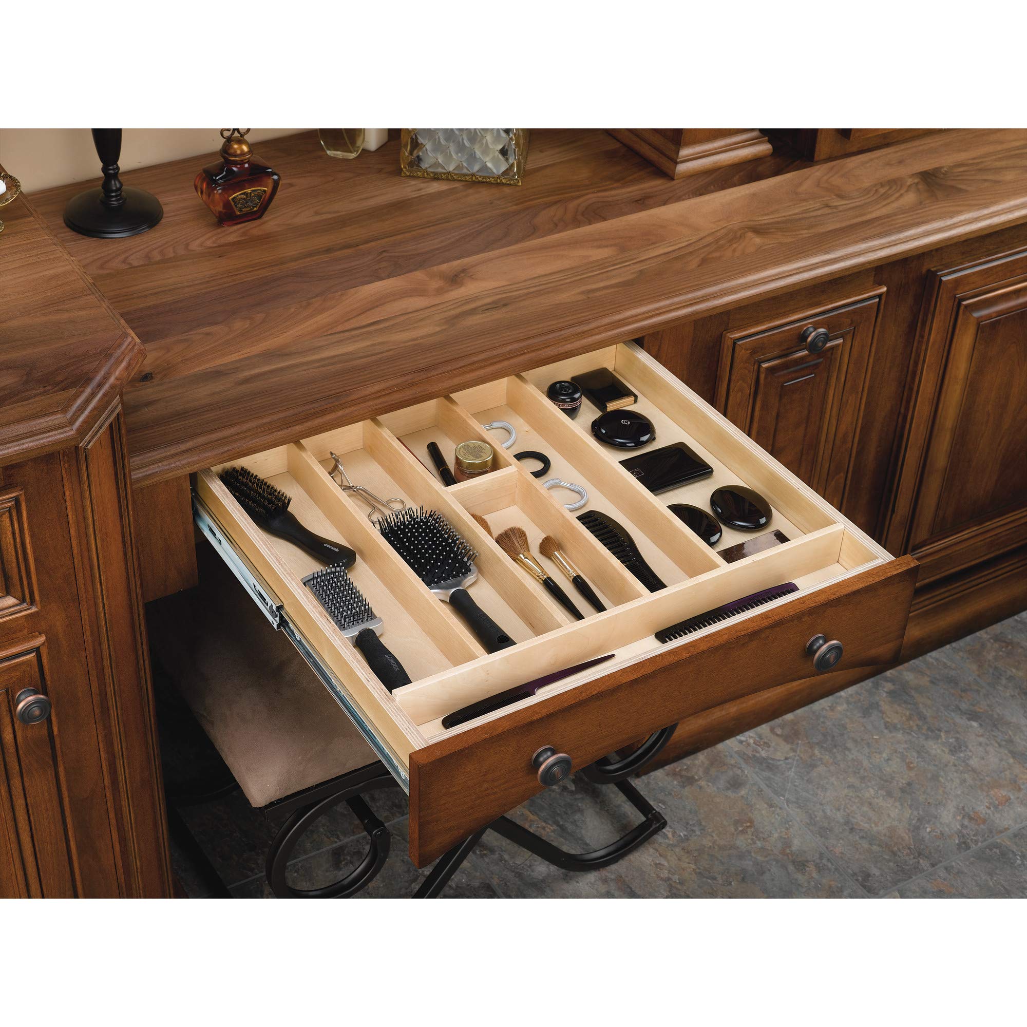 Trim-to-Fit Shallow Drawer Organizer For Kitchen Utensils, Cutlery Cabinet Storage Divider Insert, 23.98 x 21.97 In, Maple Wood, 4WUT-3SH