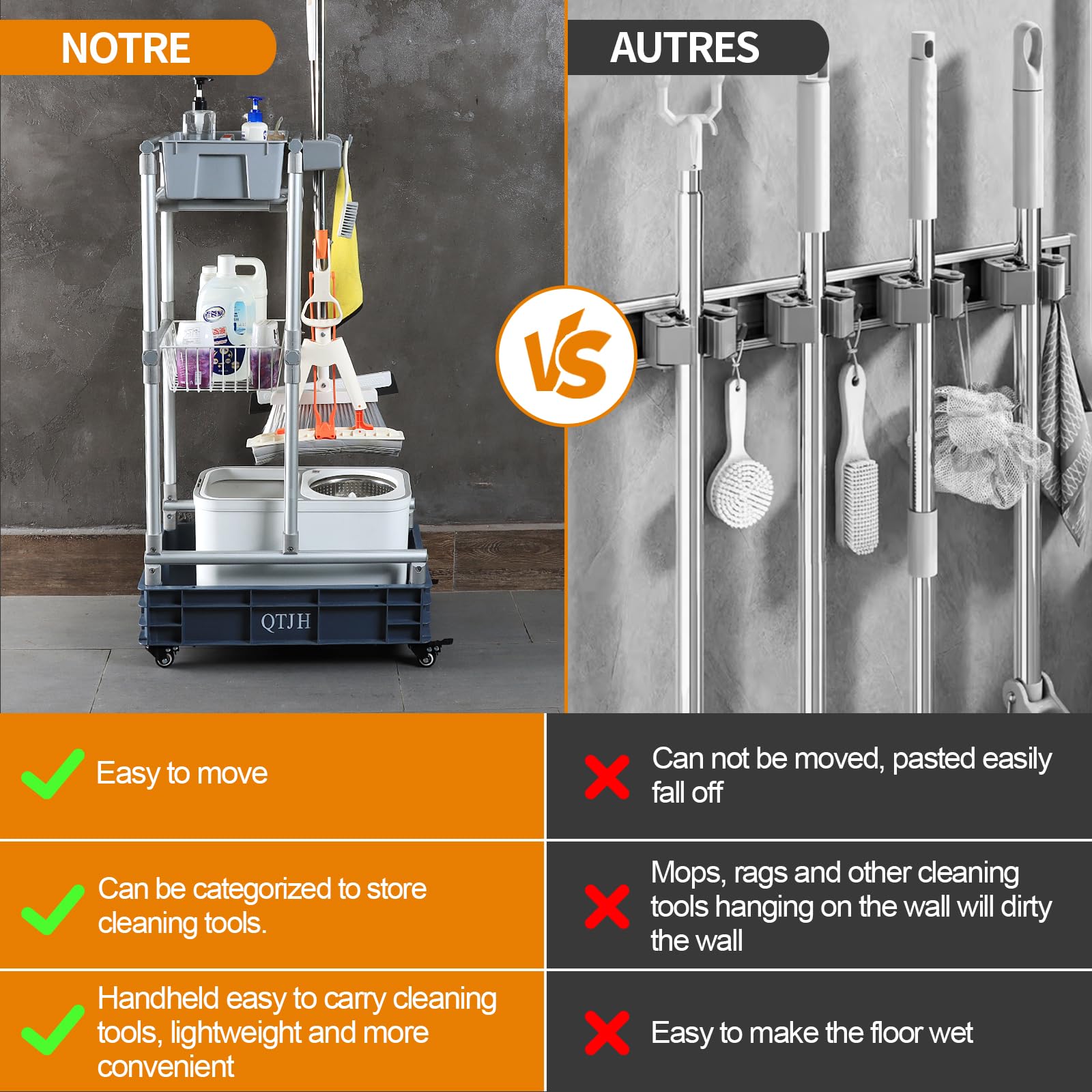 Rolling Cleaning Cart with Mop & Broom Organizer