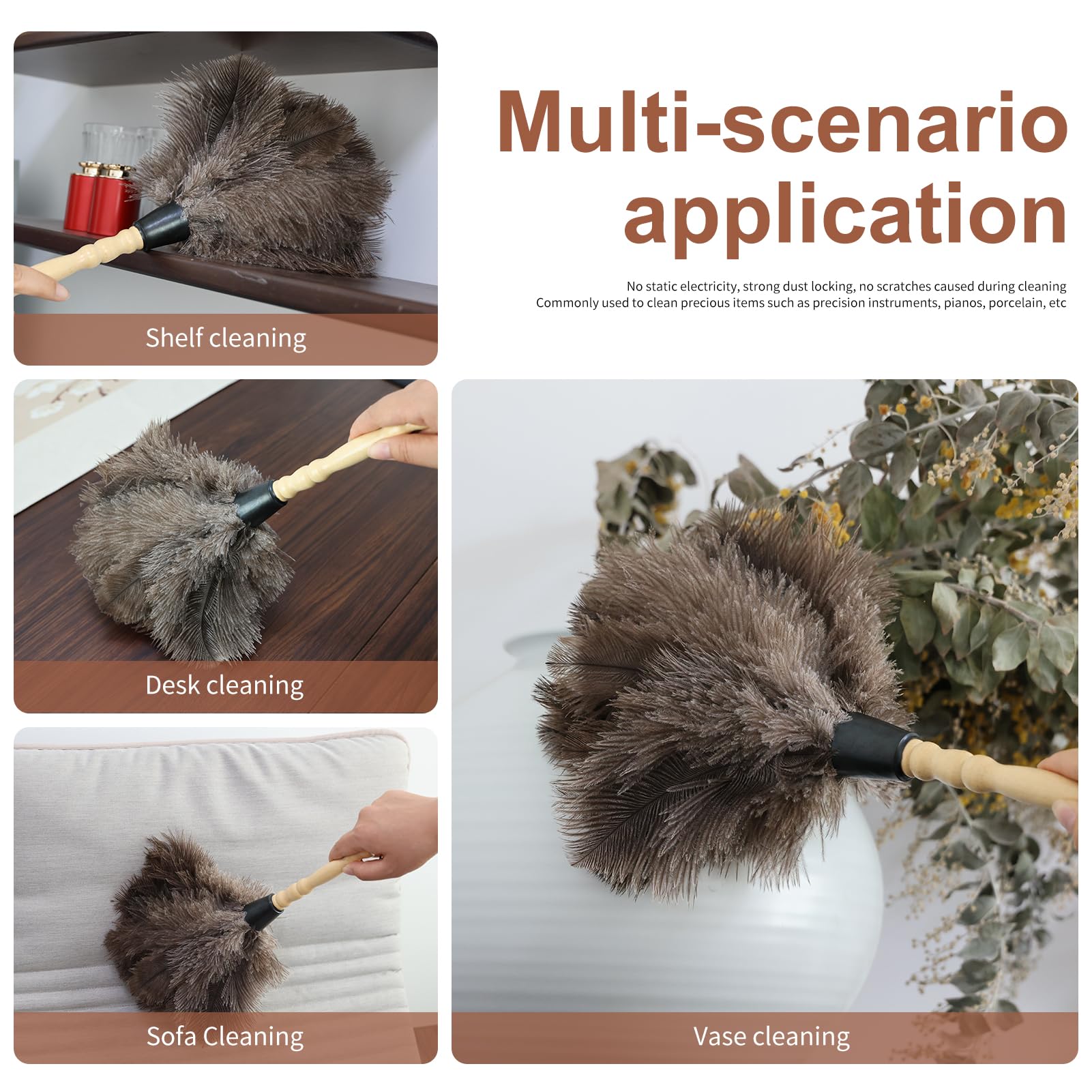 Ostrich Feather Duster 14" Natural Handheld Reusable Feathers Dusters with Wooden Handle for Cleaning Supplies Home Car Office (3 Count)
