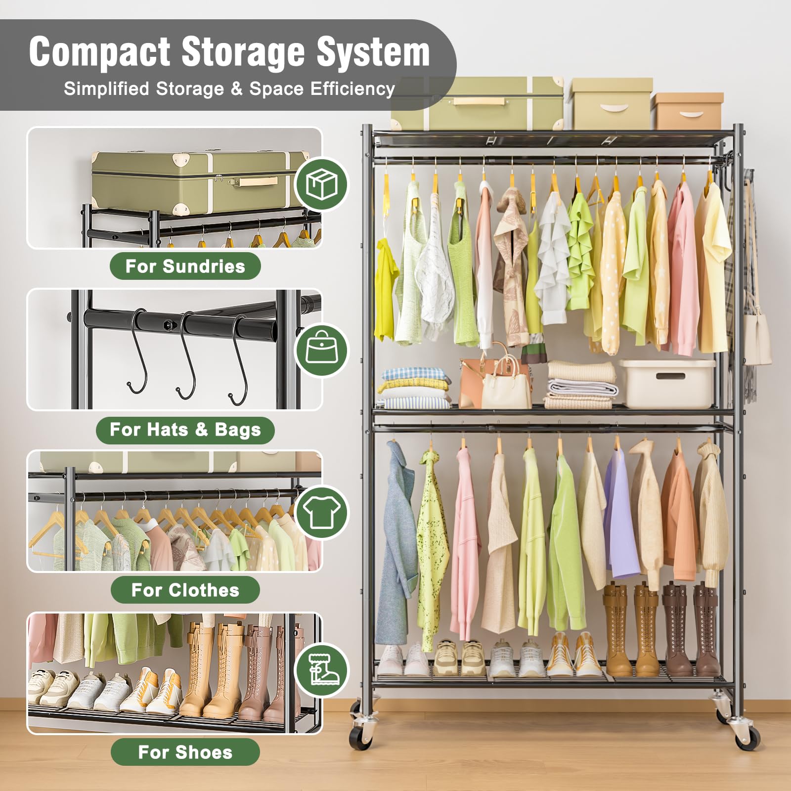 Rolling Clothes Rack for Hanging Clothes