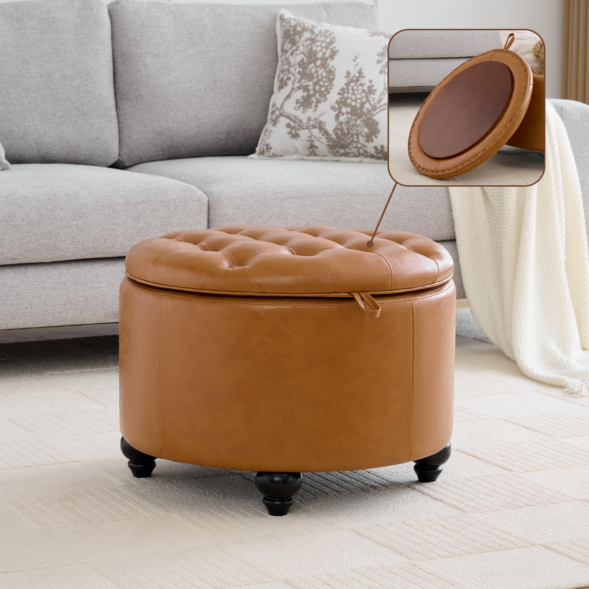 24Inch Round Storage Ottoman with Tray