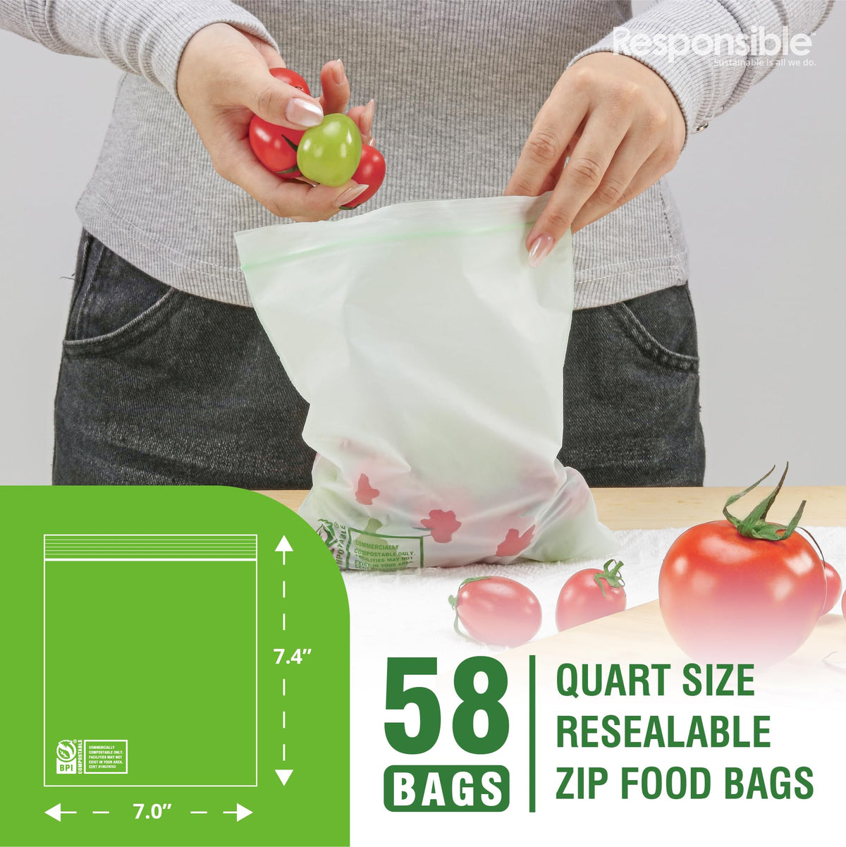 Certified Compostable QUART Resealable Zip Bag (58 Count)