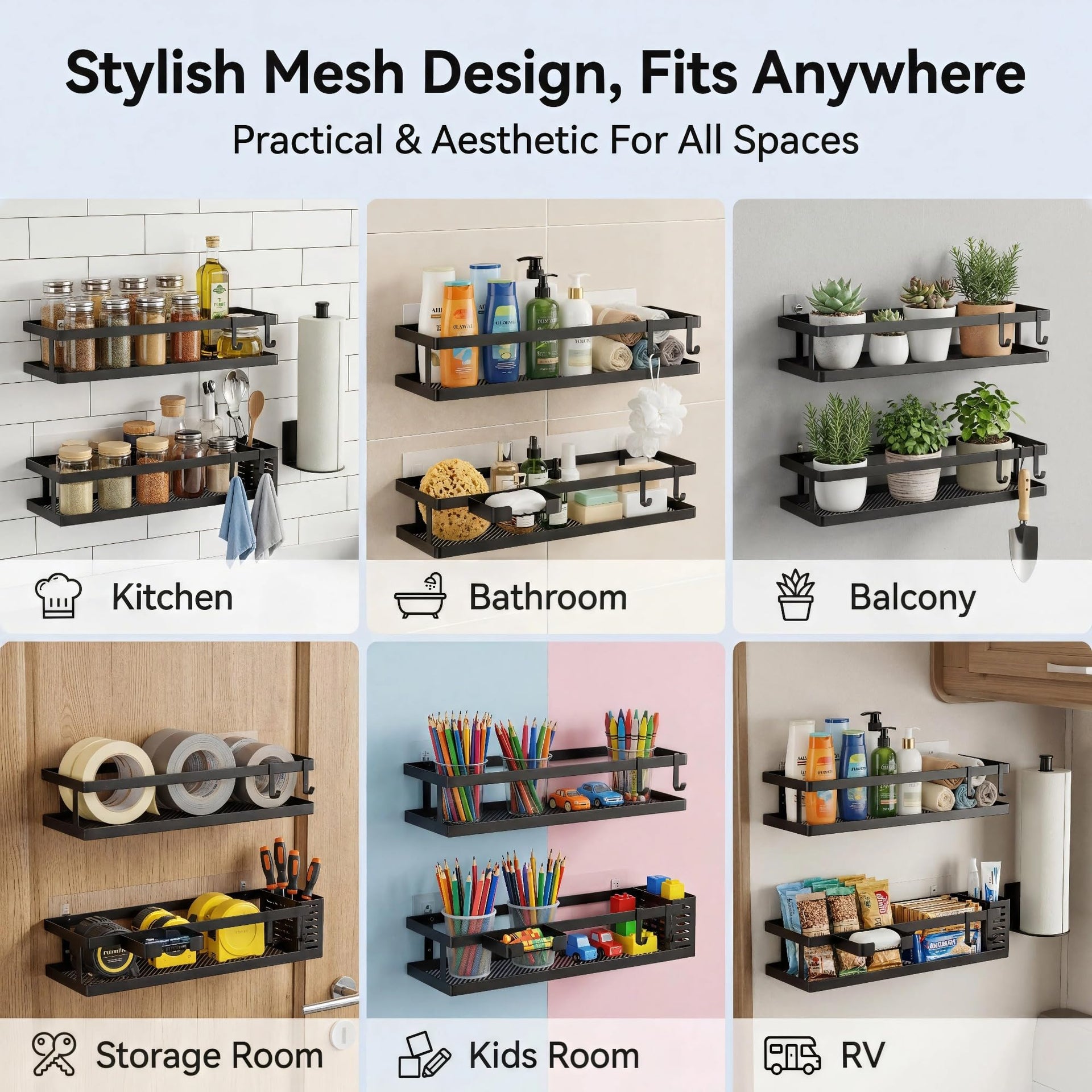 5-in-1 16.5" Extra Long Kitchen Organizer & Shower Caddy Set, Wall Mount Spice Rack with Paper Towel Holder, Utensil Holder & Soap Dish, Rustproof Mesh - Matte Black, Guardrail