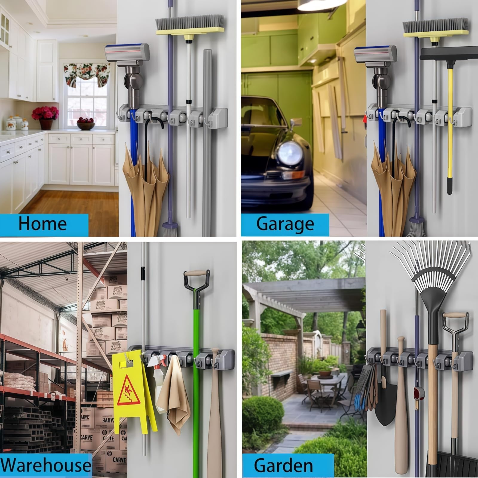 Broom Holder Wall Mount with Hooks & Slots