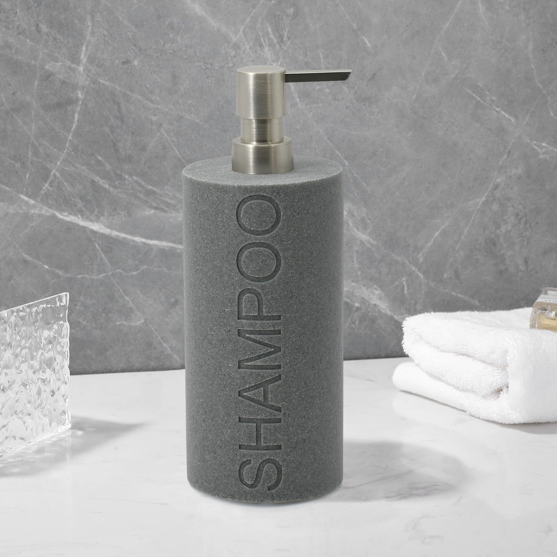 Resin Neutral Gray Sandstone Shampoo Engraved Bottle Refillable Pump Dispenser