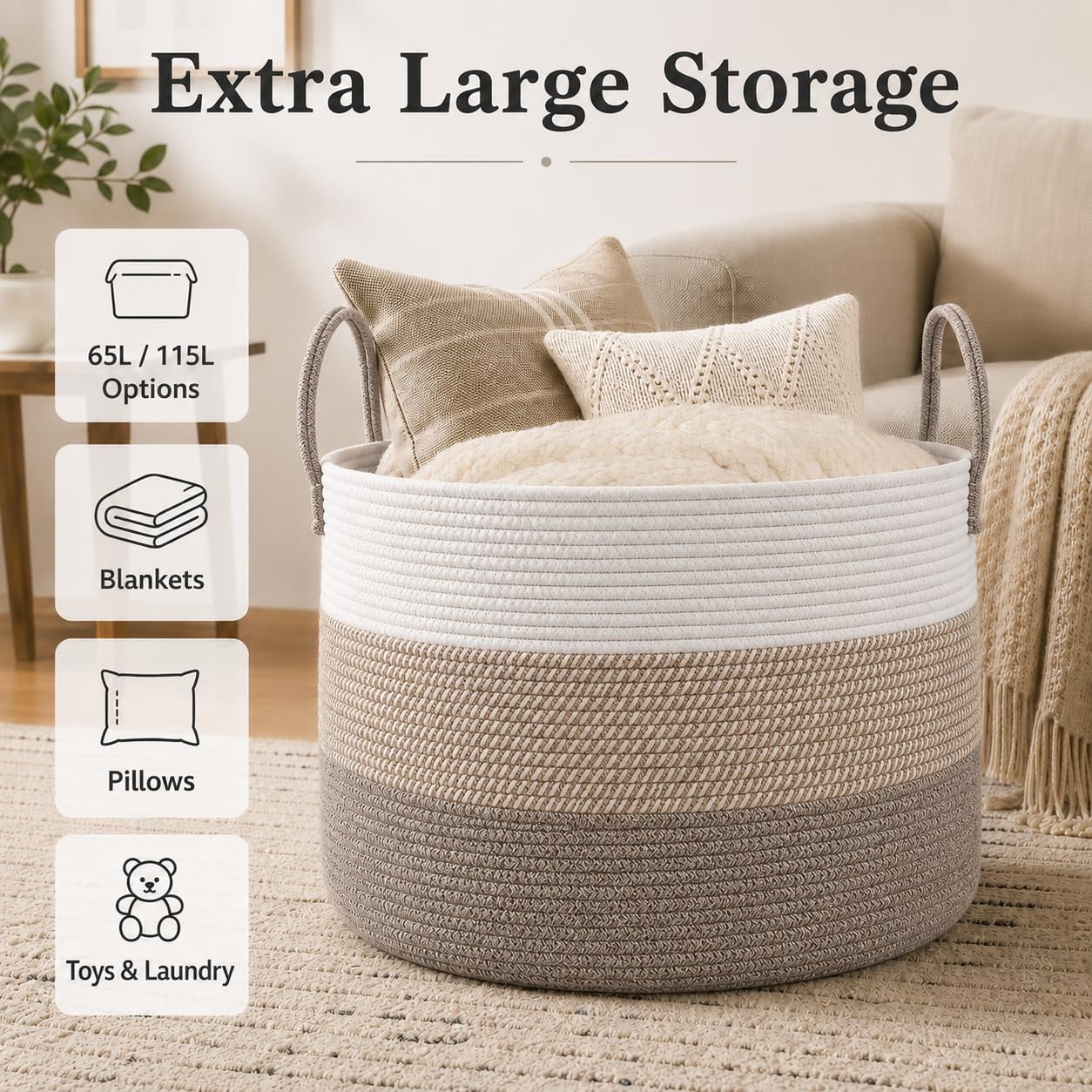 115L Extra Large Machine Washable Cotton Rope Blanket Basket