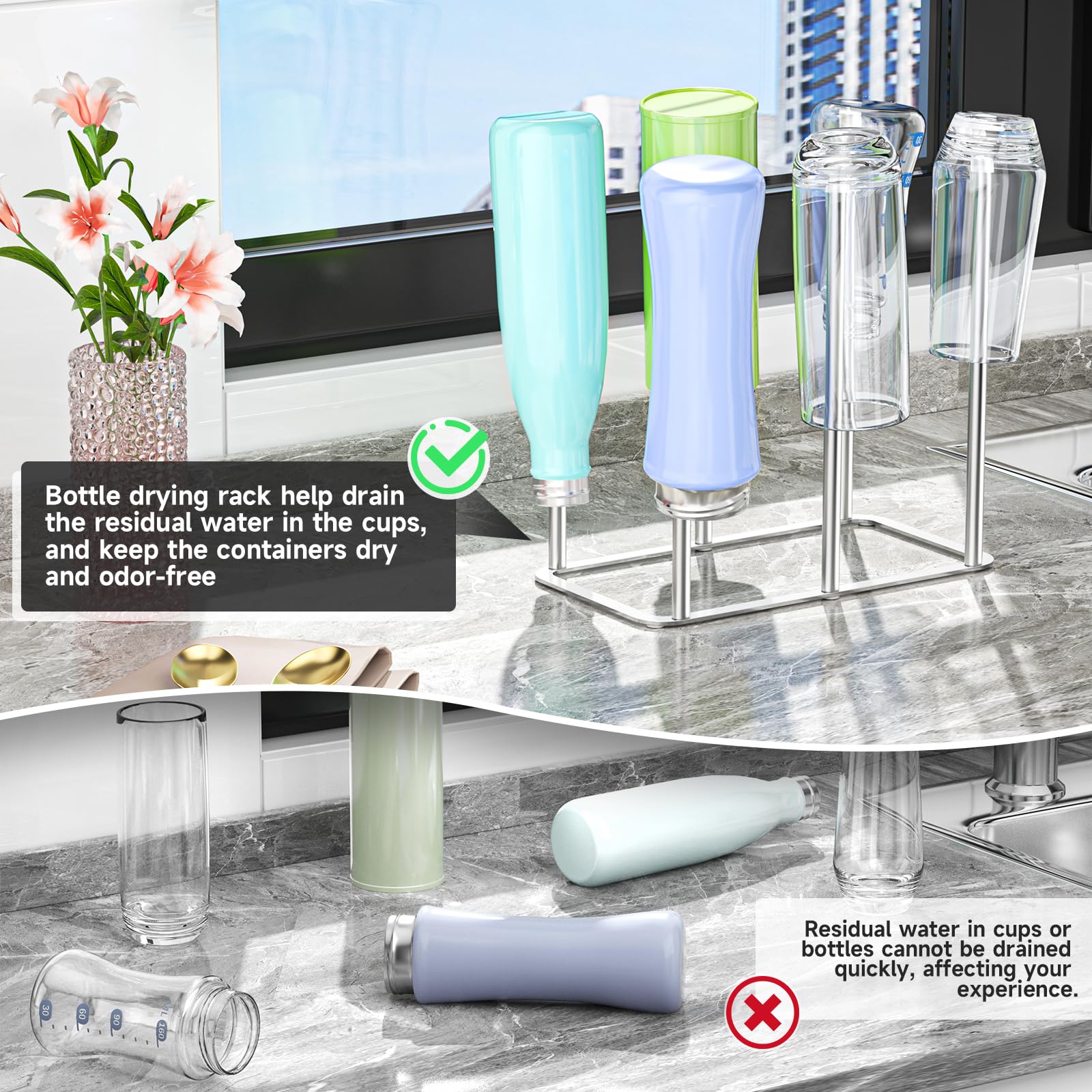 Water Bottle Drying Rack Reusable Bottle Rack Dryer Kitchen Stand Holder Metal Countertop Baby Bottle Drying Rack Water Cup Drying Rack for Plastic Bags