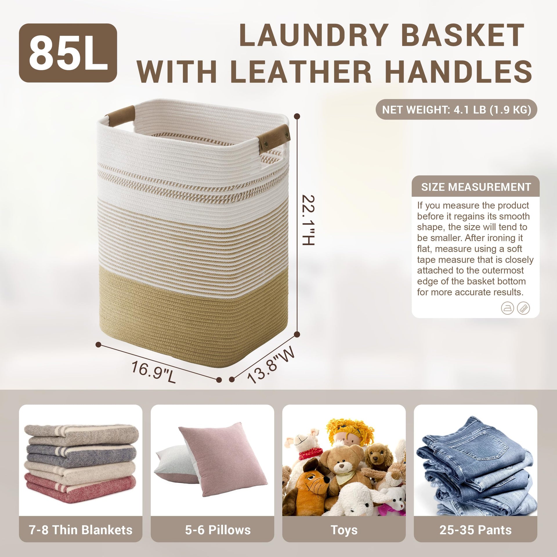 85L Tall Woven Laundry Basket Hamper with Leather Handles - ModHome Supplies