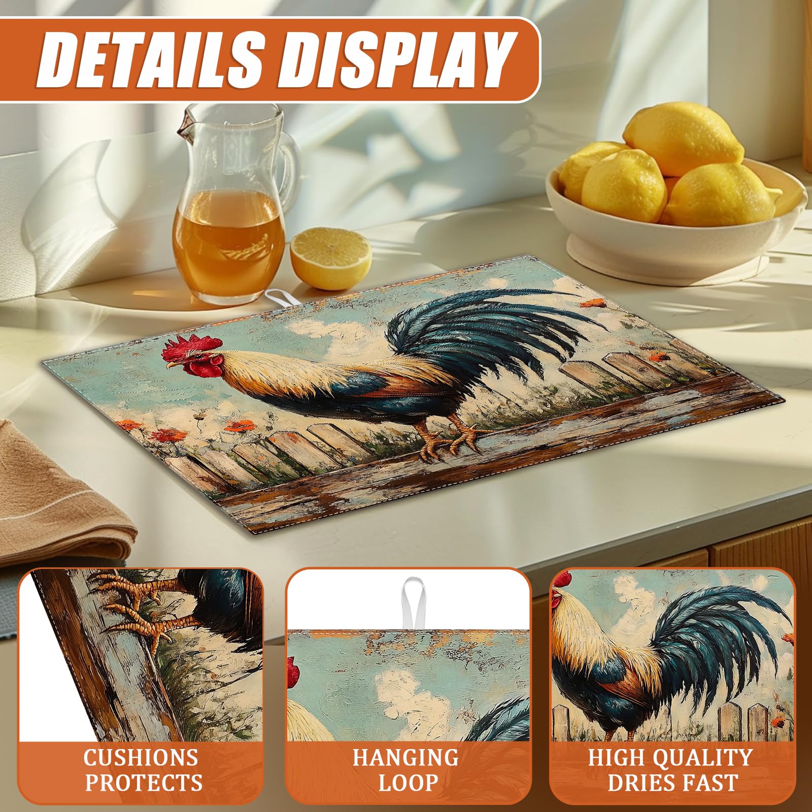 Vintage Rooster Dish Drying Mat for Kitchen Counter Microfiber Absorbent Dish Kitchen Drying Mat Draining Reusable Washable for Dishes