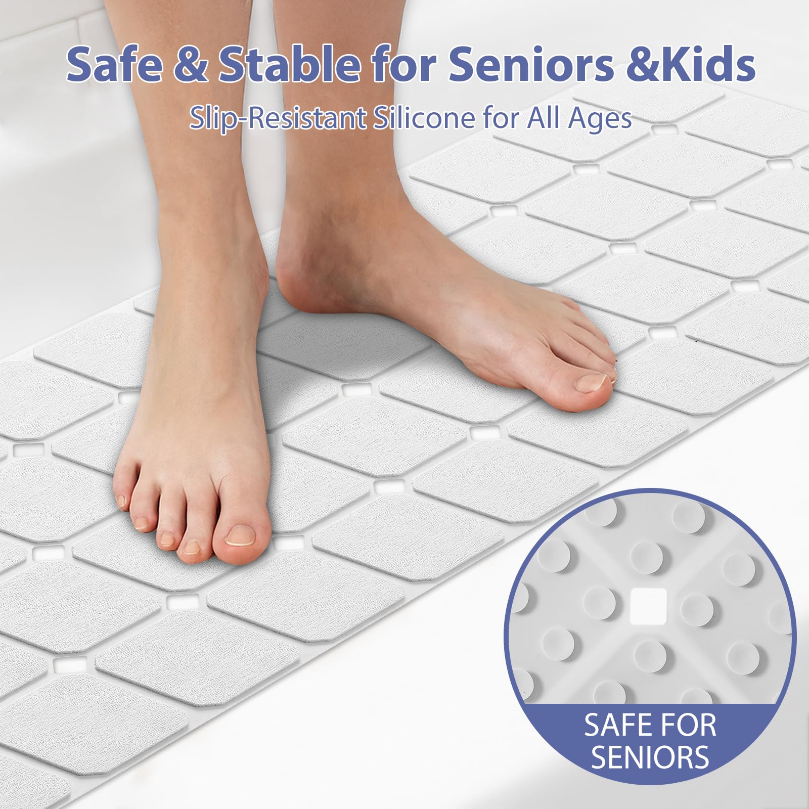 Bathtub Mat Non Slip Silicone Foldable Extra Long Tub Mat Strong Suction Cups & Large Drain Holes