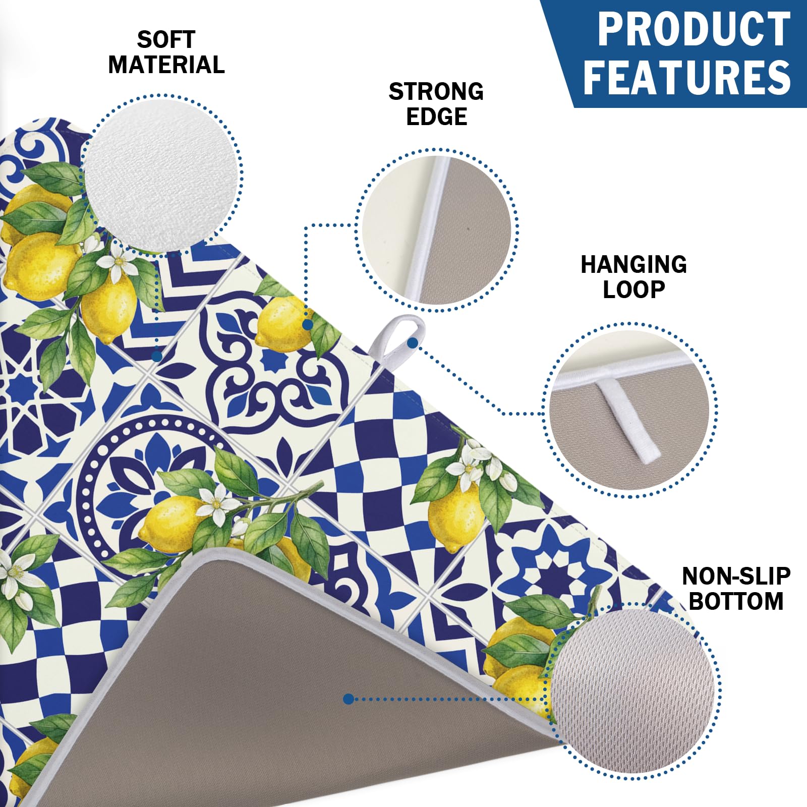 Lemon and Blue Tile Dish Drying Mat 18x24 Inch Absorbent Reversible Mexican Tilt Drying Mat Blue White Italy Lemons Dish Drying Rack Mat Summer Themed Dish Drainer Mat for Kitchen Counter Coffee Bar