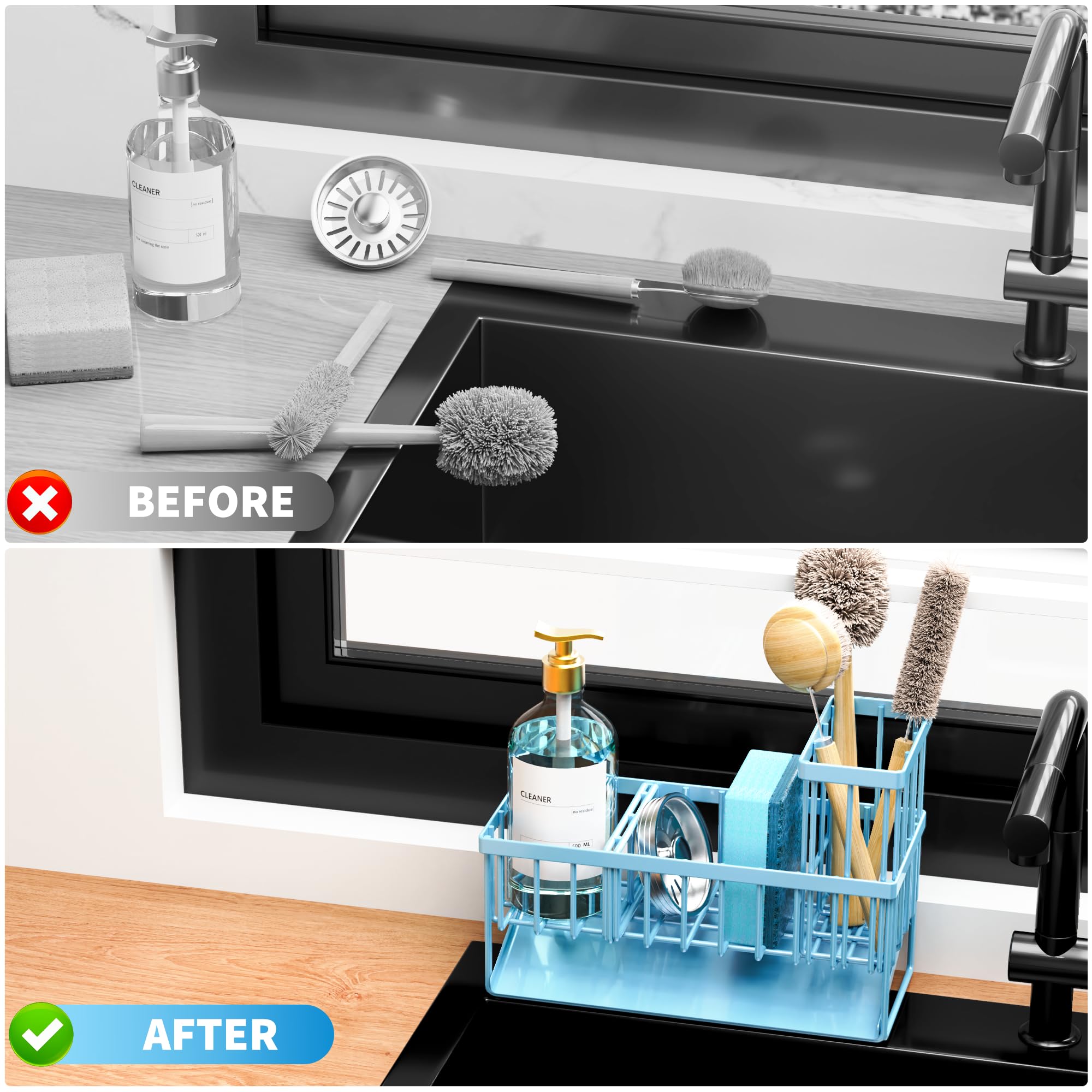 Blue Kitchen Sink Caddy Organzier with High Brush Holder