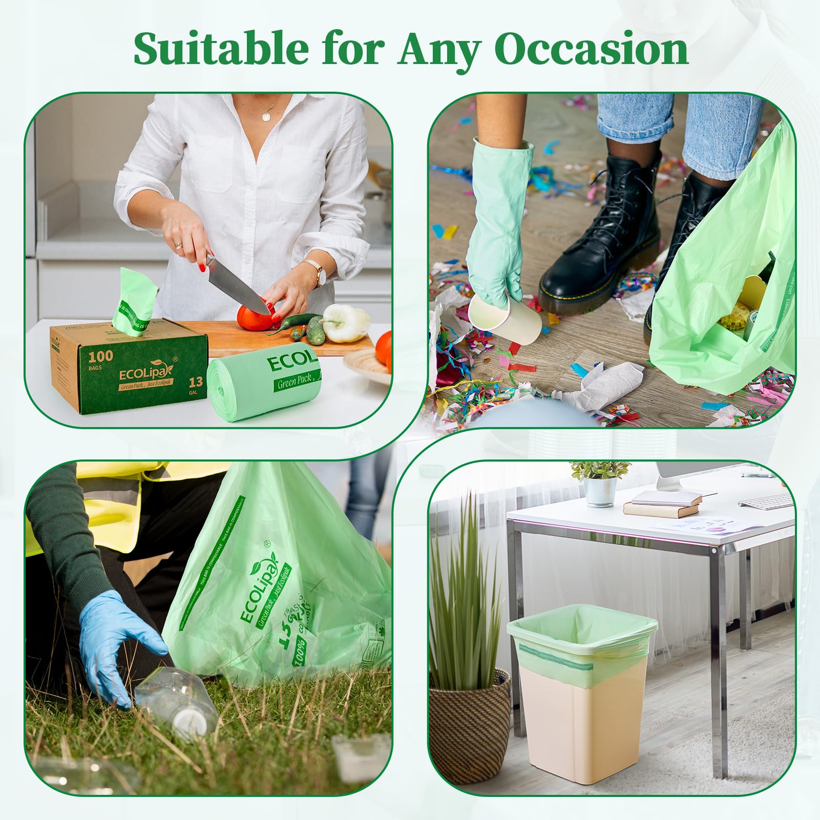 13 Gallon 100 Count Compostable Kitchen Trash Garbage Bags