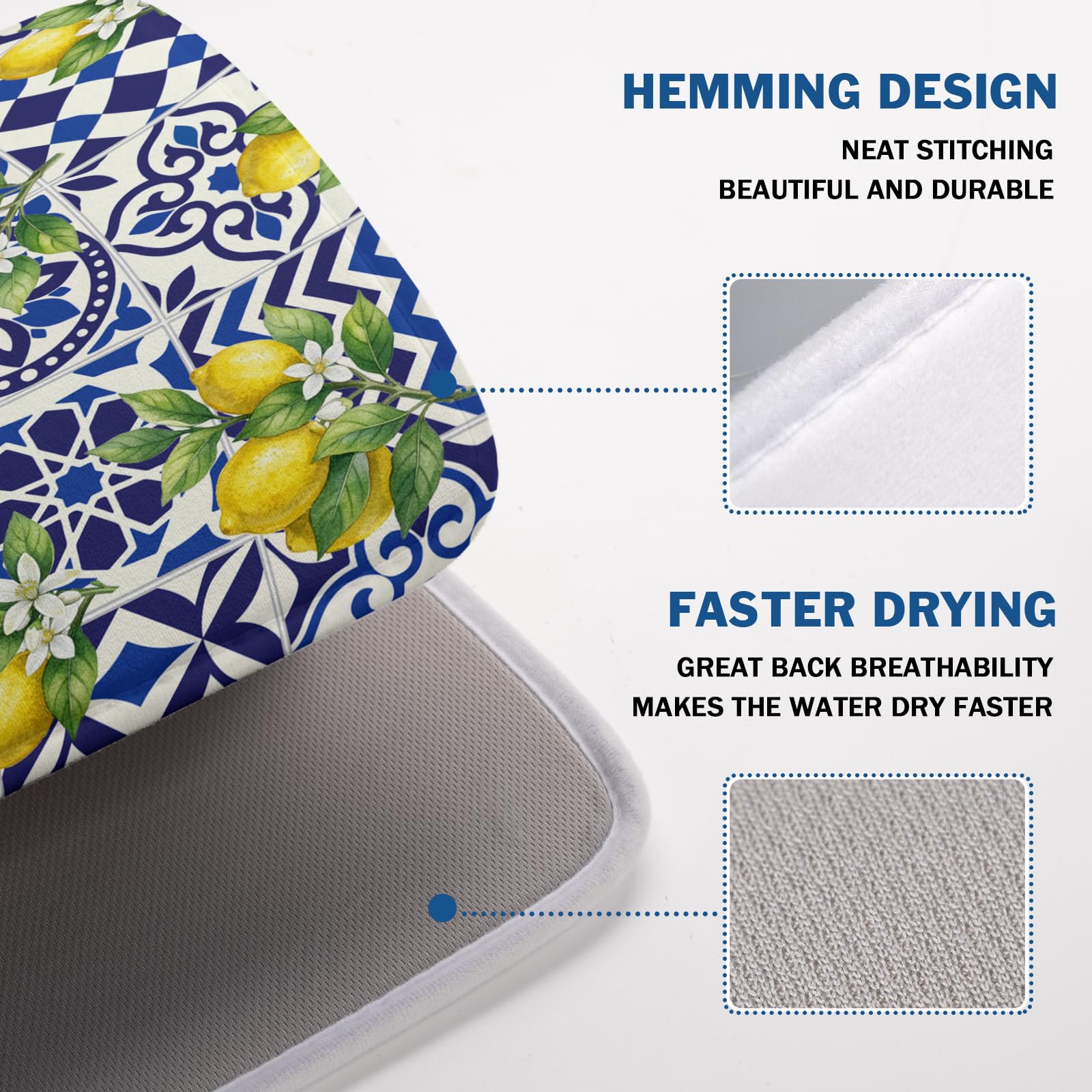 Lemon and Blue Tile Dish Drying Mat 18x24 Inch Absorbent Reversible Mexican Tilt Drying Mat Blue White Italy Lemons Dish Drying Rack Mat Summer Themed Dish Drainer Mat for Kitchen Counter Coffee Bar