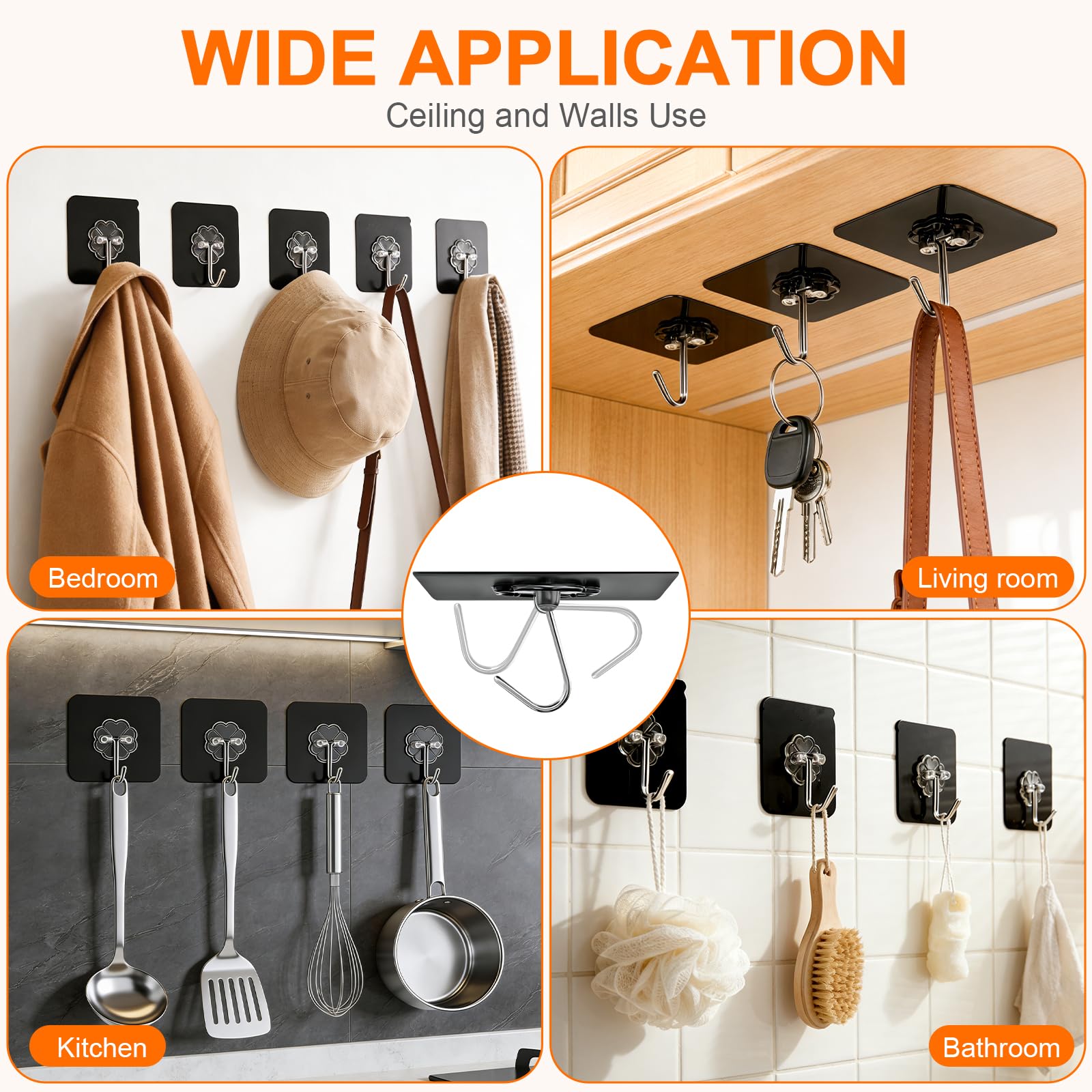 Black Heavy Duty Adhesive Hooks 2026 Upgraded 50lbs（Max） Sticky Wall Hooks for Hanging 12 Pack No Damage Hook Strong Waterproof Bathroom (12 Count)