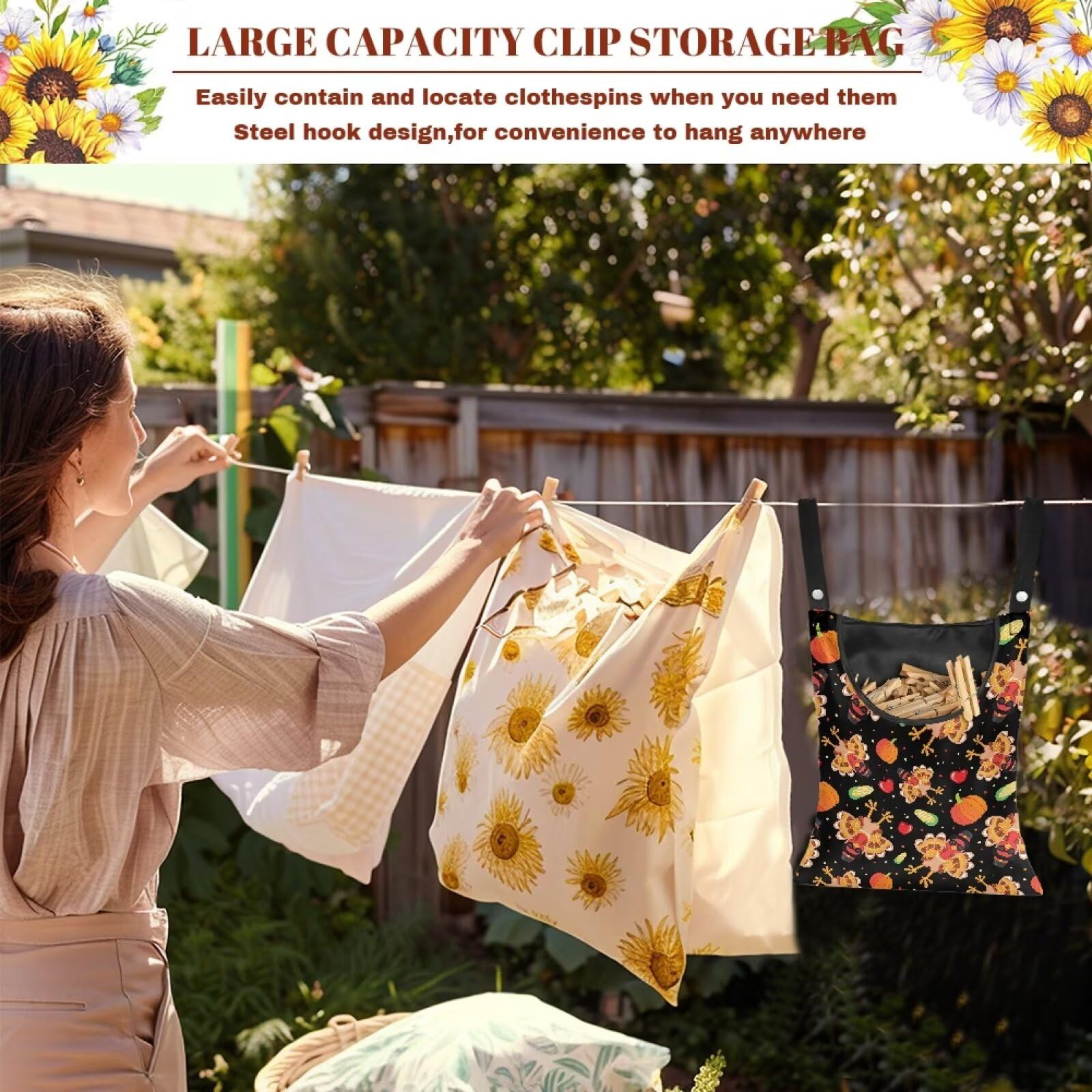Thanksgiving Turkey Pumpkin Extra Large Clothespin Bag with Rope