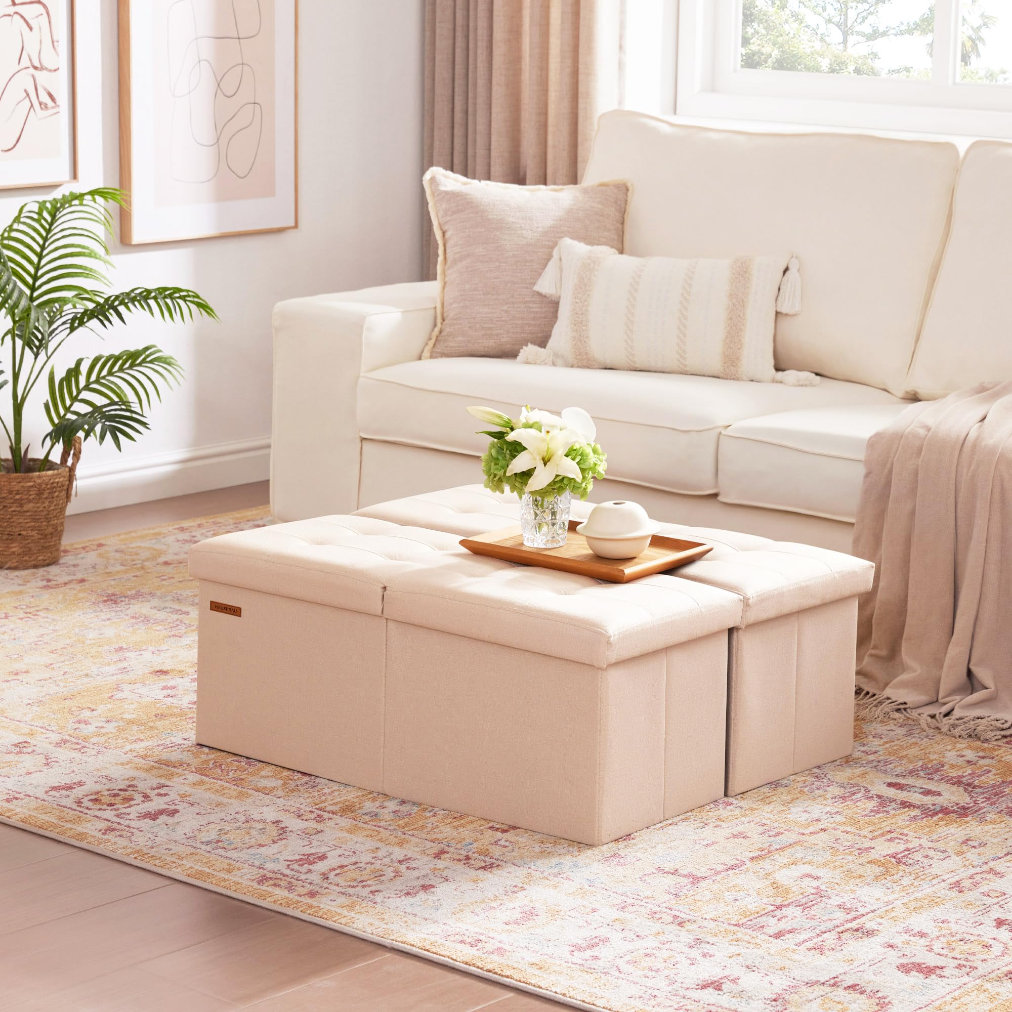 Ottoman with Storage Bench Folding Foot Rest Stool Linen Beige