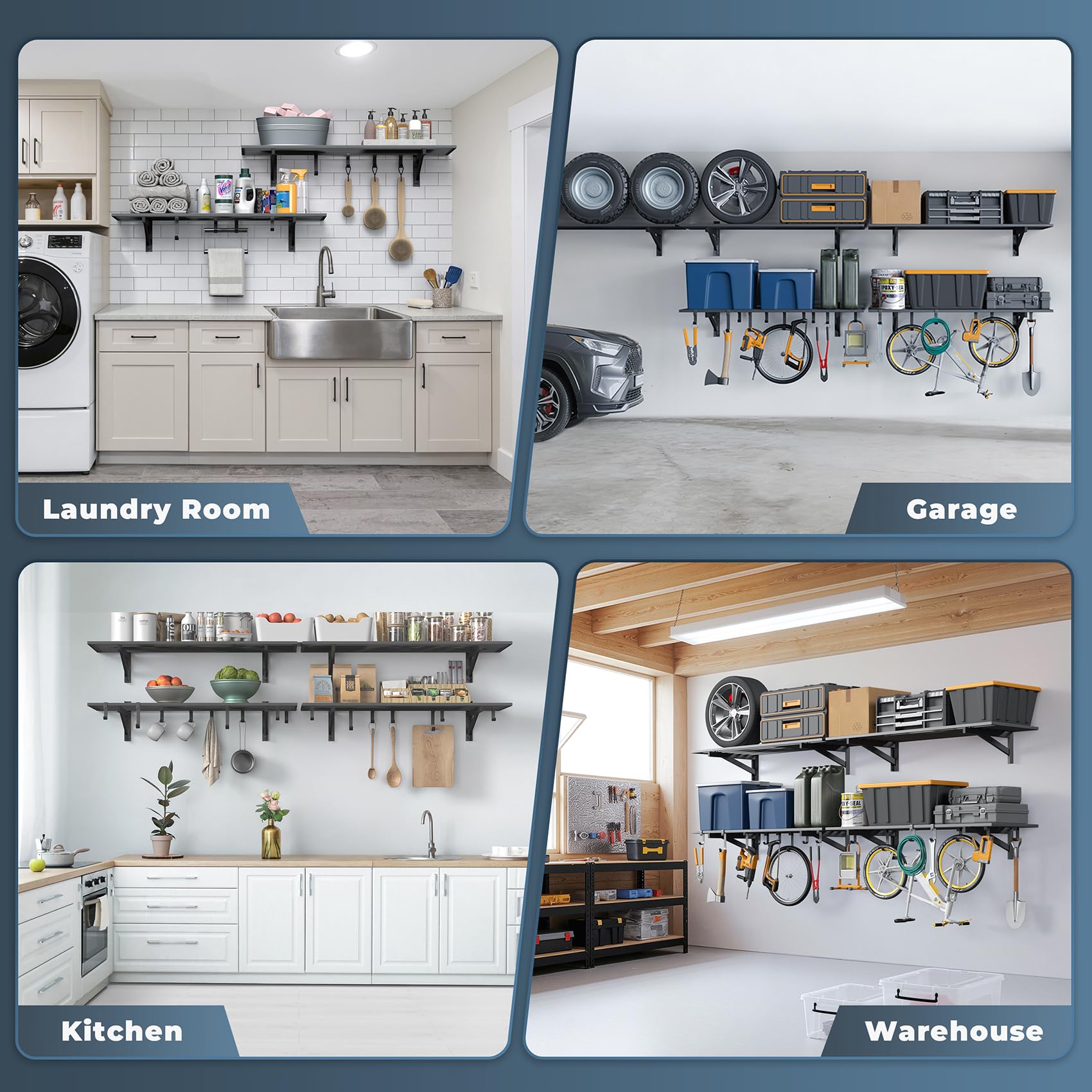 4 Pack Garage Shelving Wall Mounted with 16 Hooks (4 Count)
