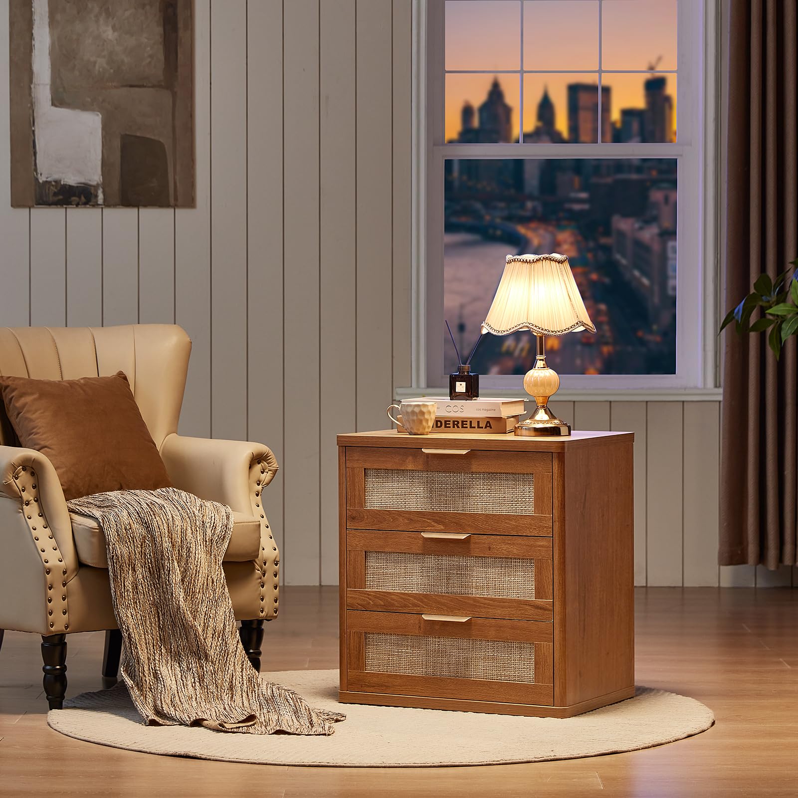 Rattan 23" Nightstands Set of 2 with Drawers for Bedroom (2 Count)