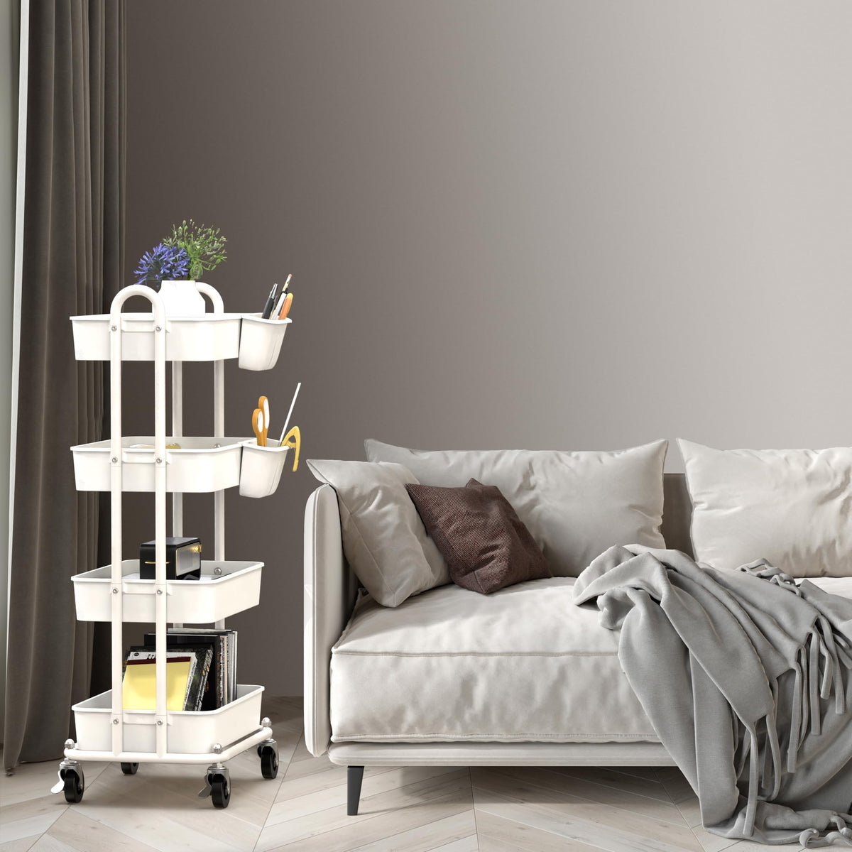 4 Tier Rolling Utility Cart with Hanging Bucket