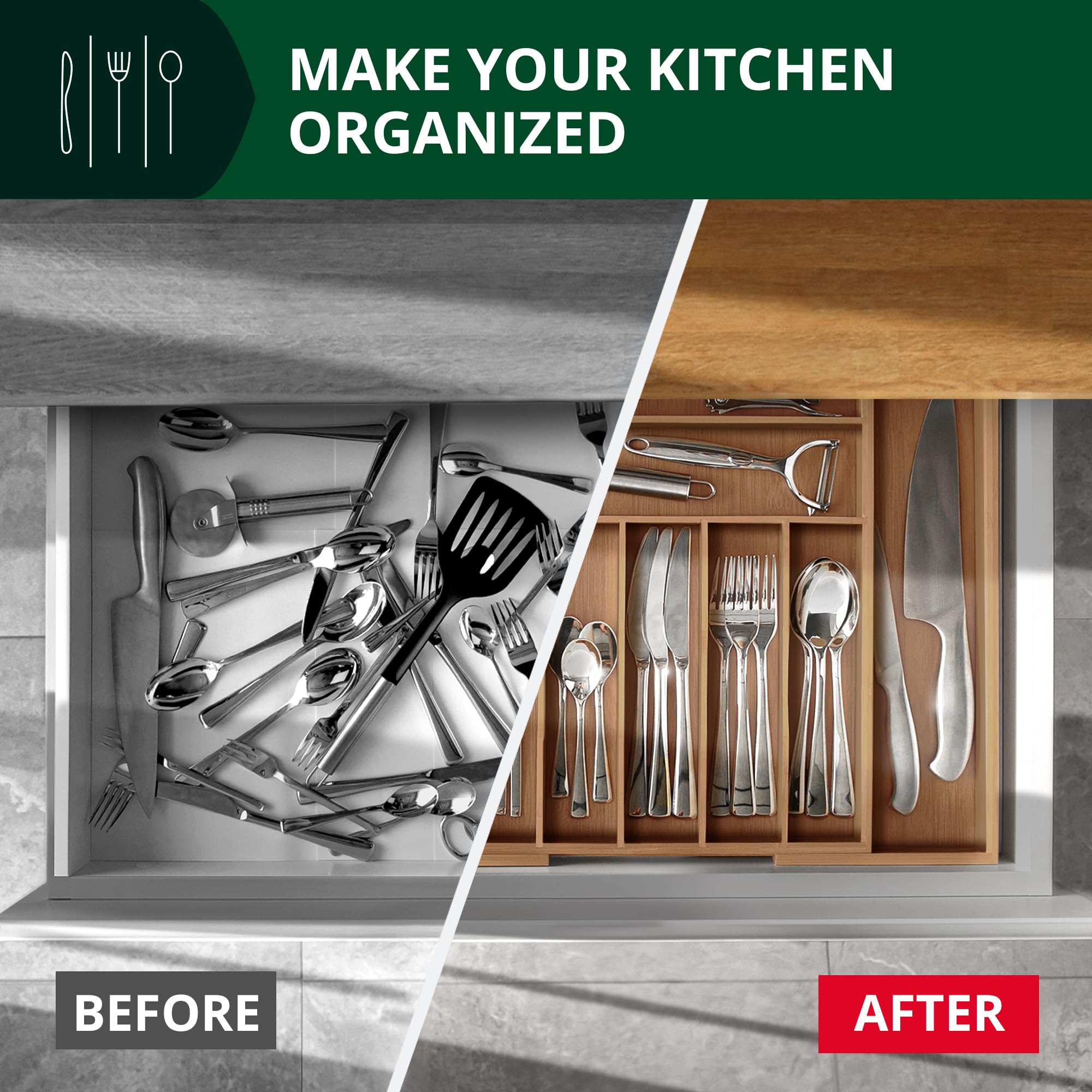 Luxury Bamboo Kitchen Drawer Organizer
