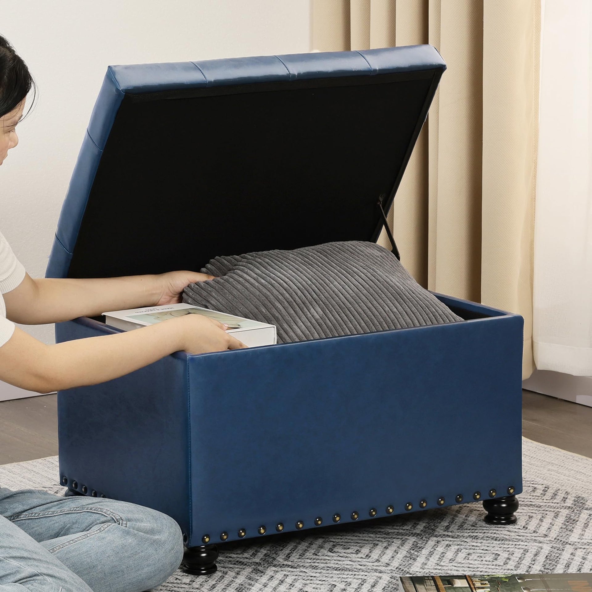 Faux Leather Storage Ottoman Bench Rectangle 24 Inch Foot Rest Ottomans