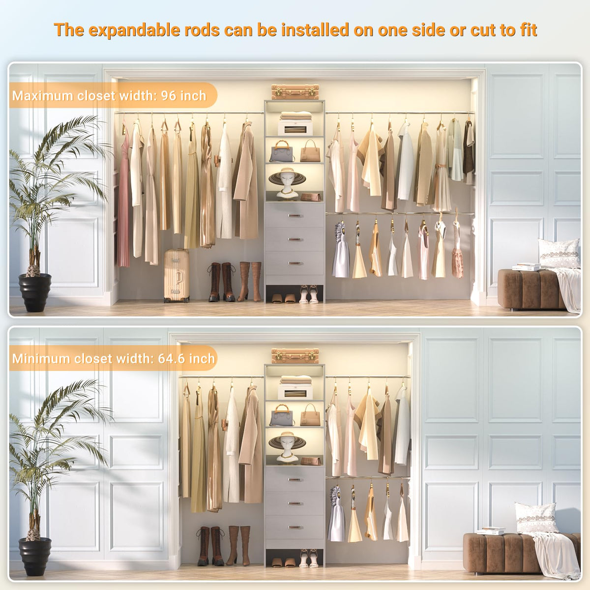 96'' Closet Organizer System with 3 Hanging Rods