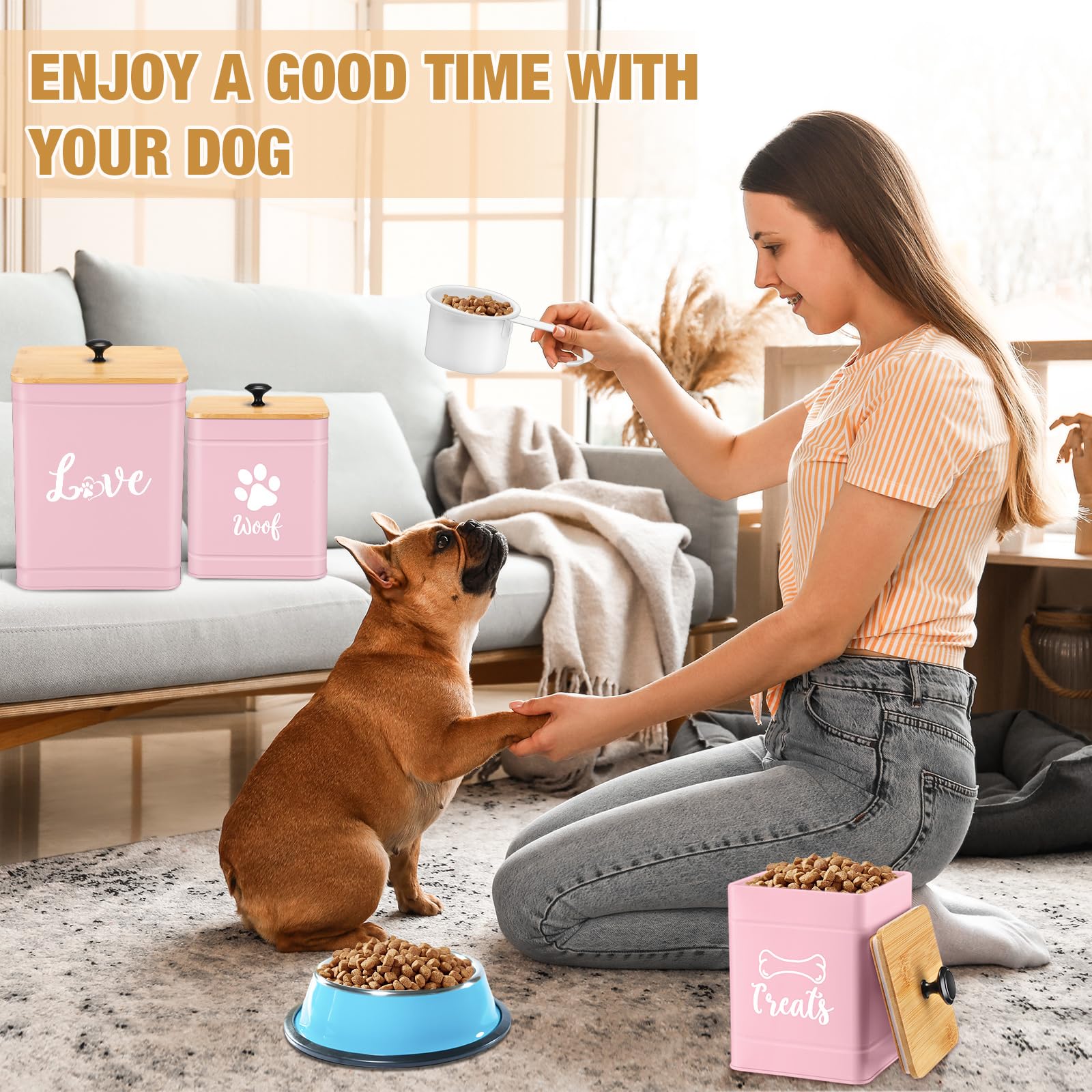 Metal Dog Treat Containers Set of 3 with Bamboo Lids and Spoon Airtight 7+3+2 lbs Dog Food Snack Jars with DIY Labels Big Pet Cookie Storage Jar for Kitchen Counter (3 Count)