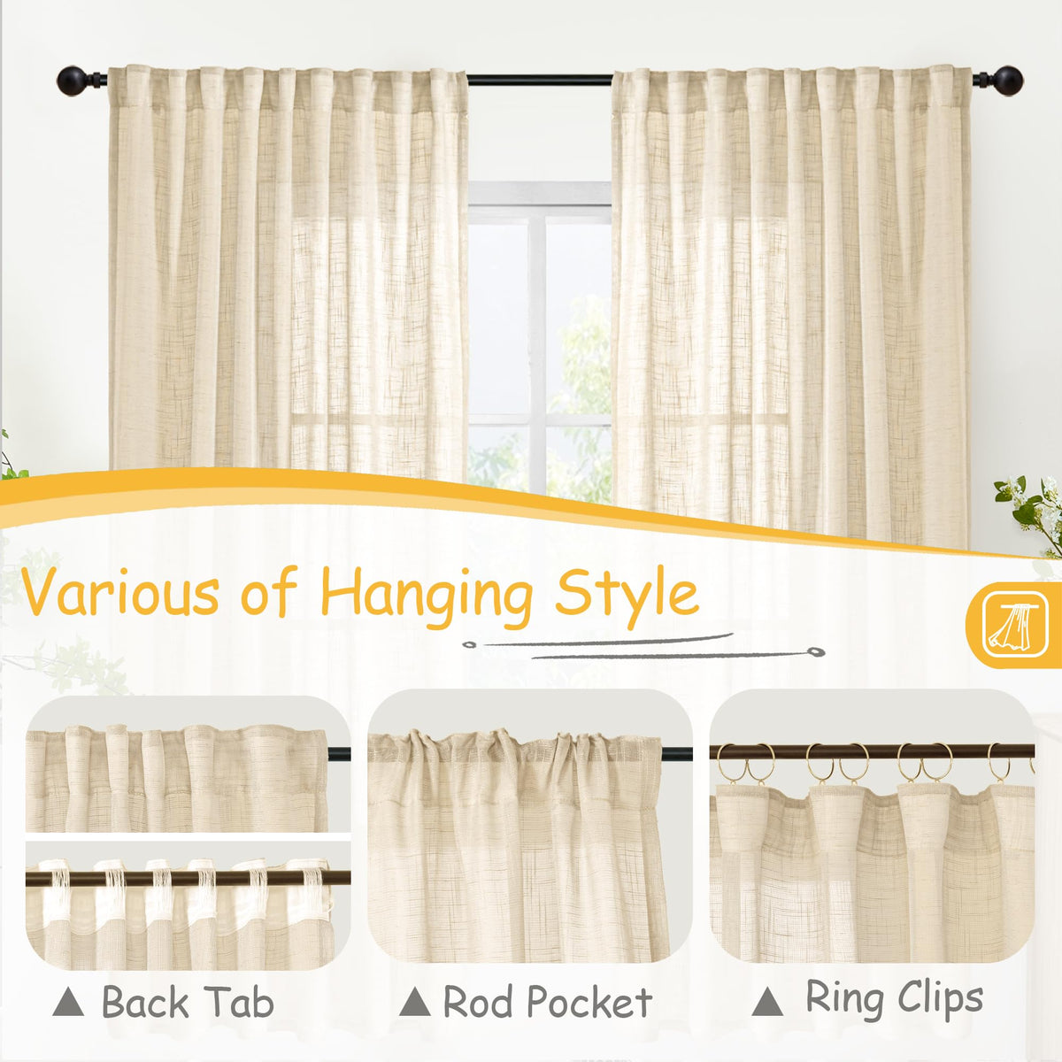 Burlap Natural Linen Curtains 40 Inch Length (2 Count)