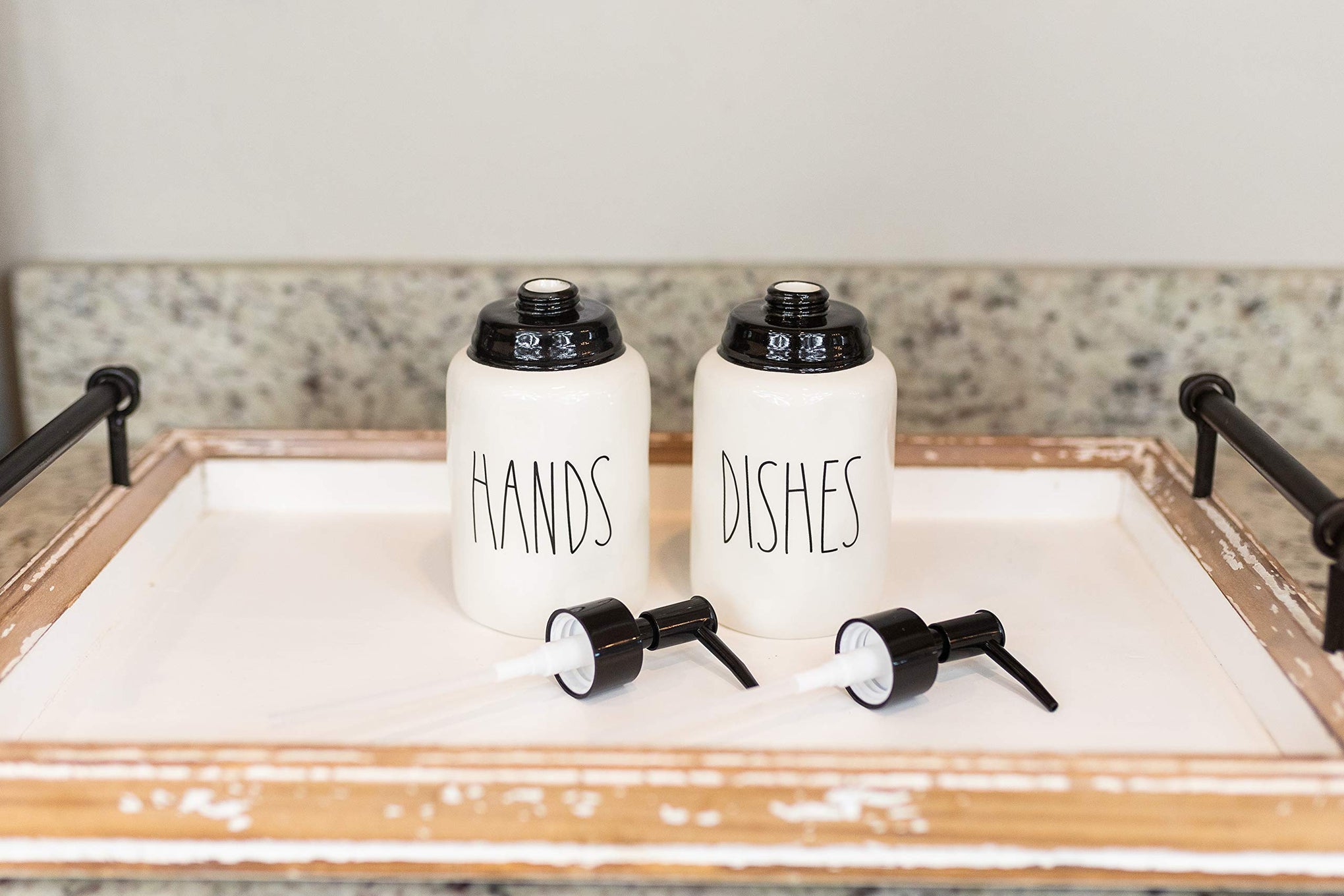 Modern Farmhouse Ceramic Dishes and Hands Soap Dispenser Set for Kitchen (2 Count)