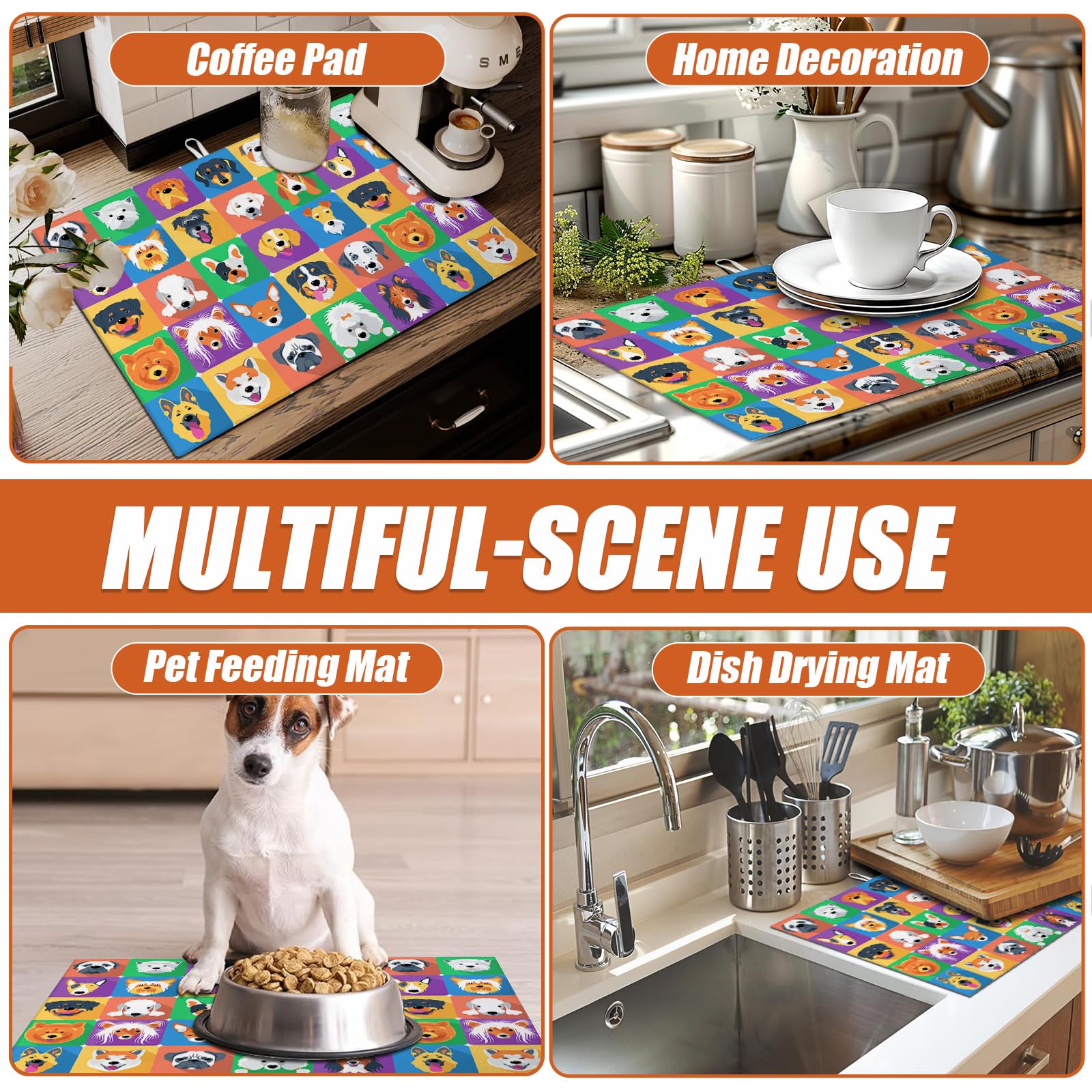 Cute Dogs Dish Drying Mat for Kitchen Counter Microfiber Absorbent Dish Kitchen Drying Mat Draining Reusable Washable for Dishes