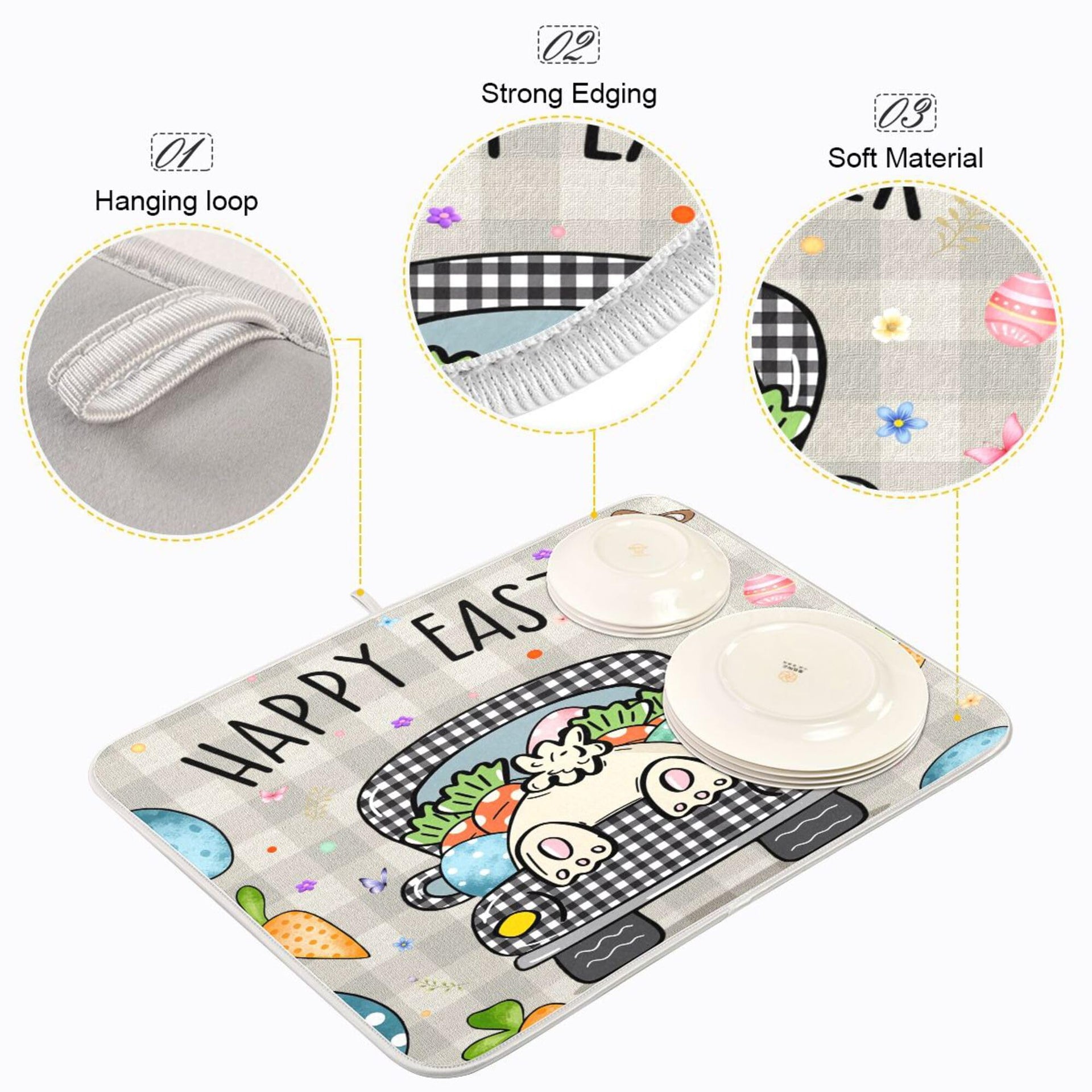 Easter Eggs Bunny Rabbit Dish Drying Mat Quick Absorbent 18x24 Easter Day Black White Buffalo Plaid Kitchen Drying Mat for Countertop Sink Reusable Dishes Mats Kitchen Essentials