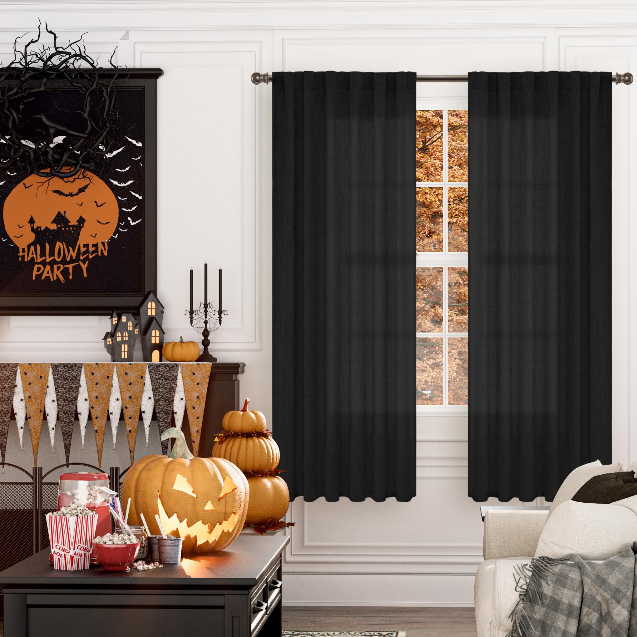 Black Linen Semi Sheer Curtains 52 X 72 Inch Length 2 Panels (2 Count)
