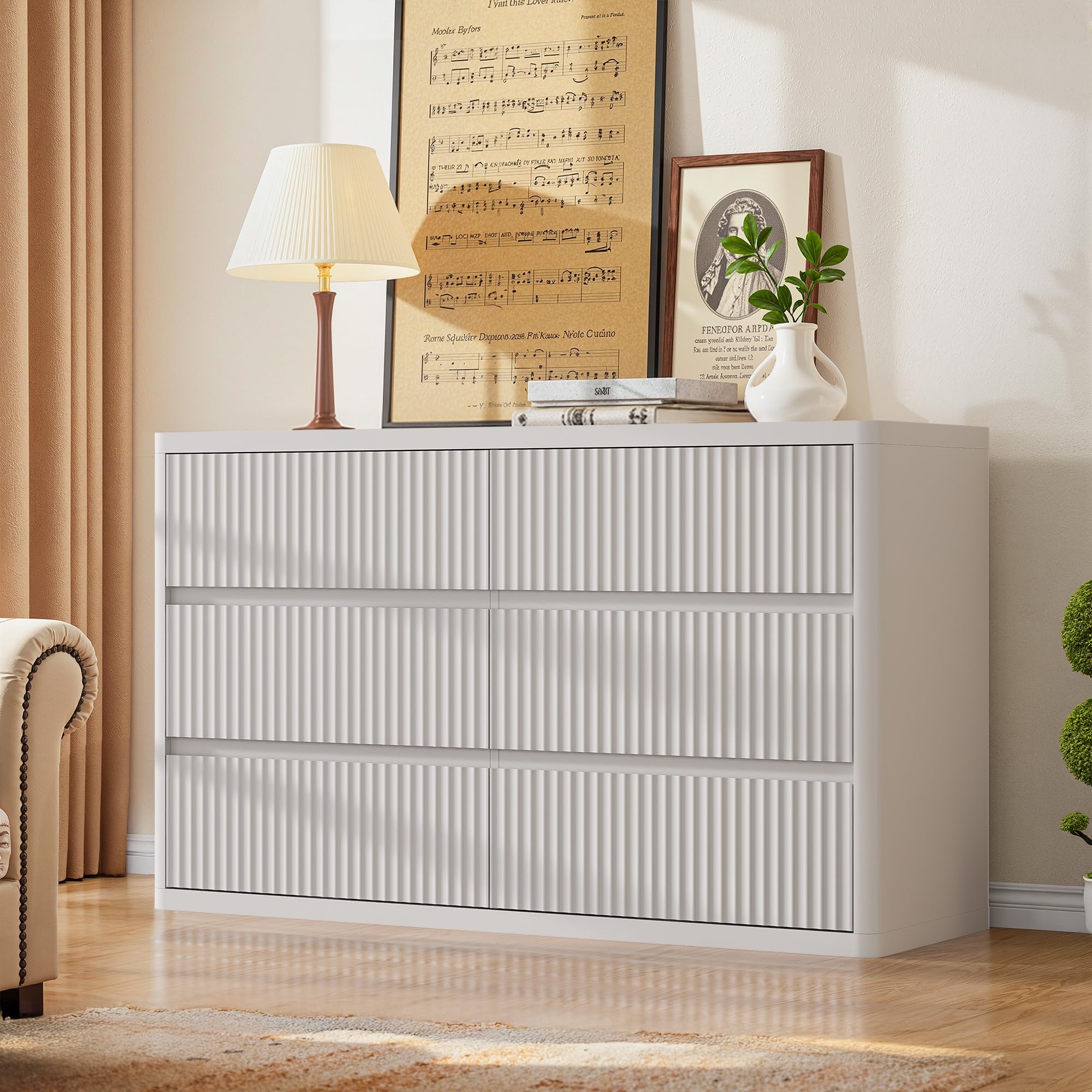 White Fluted Dresser for Bedroom with 6 Drawers