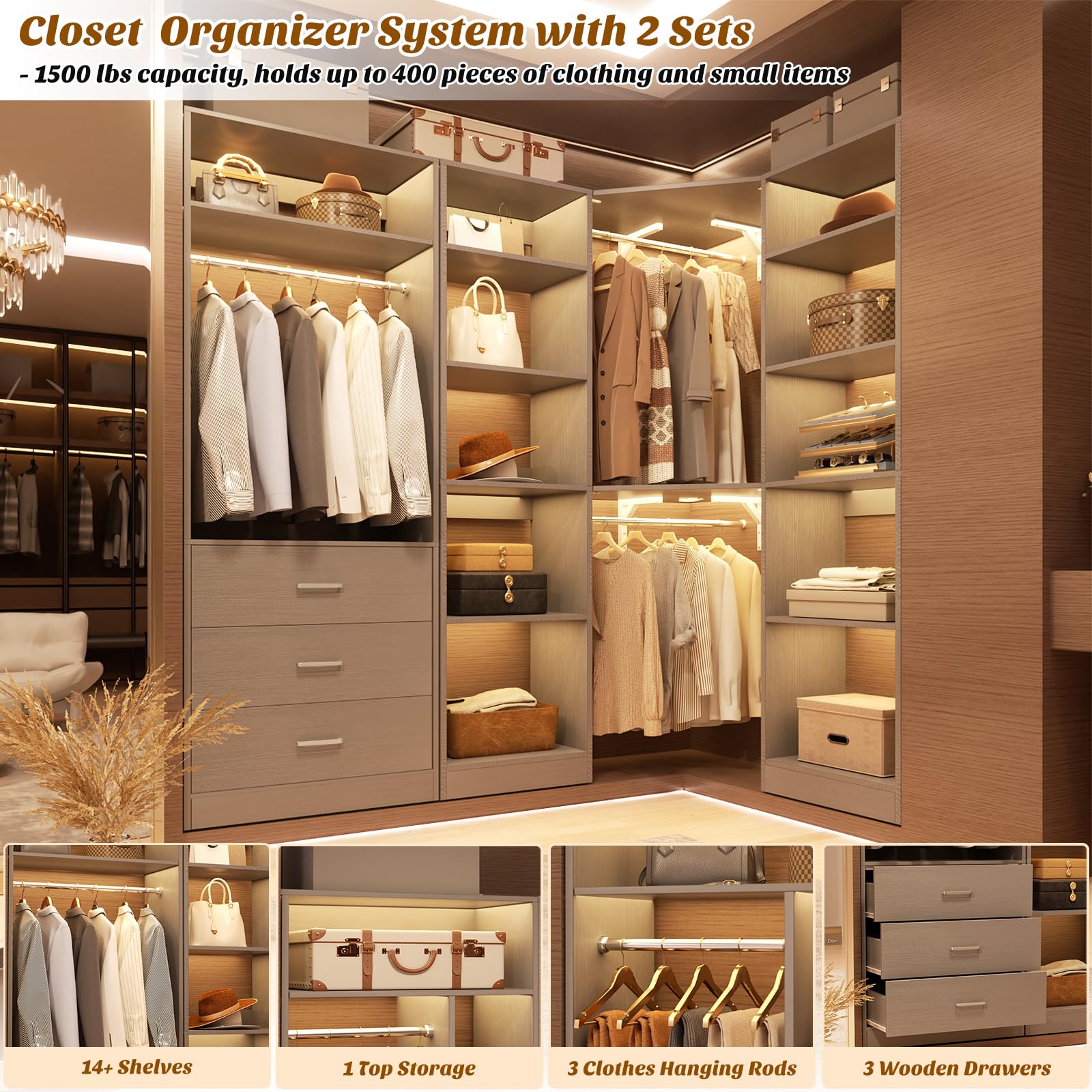 Corner Closet System with 3 Drawers