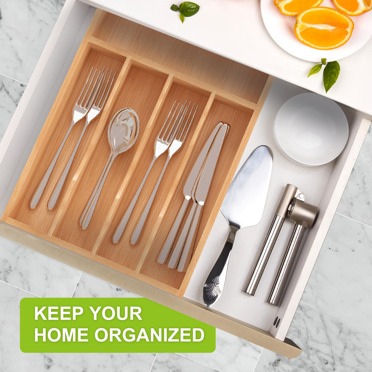 Bamboo Kitchen Silverware Organizer with Removable Divider