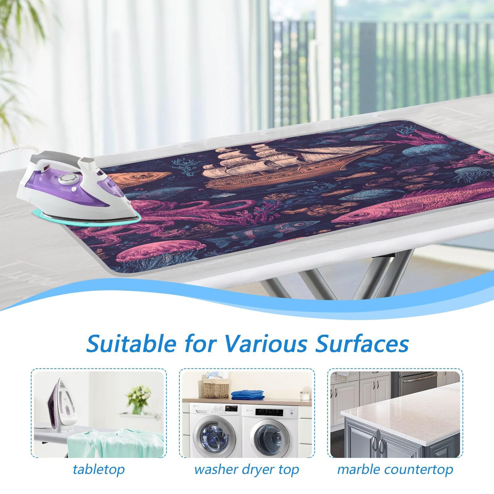 Red Blue Pirate Ship and Fish Ironing Mat Thickened Ironing Blanket Travel Portable Double